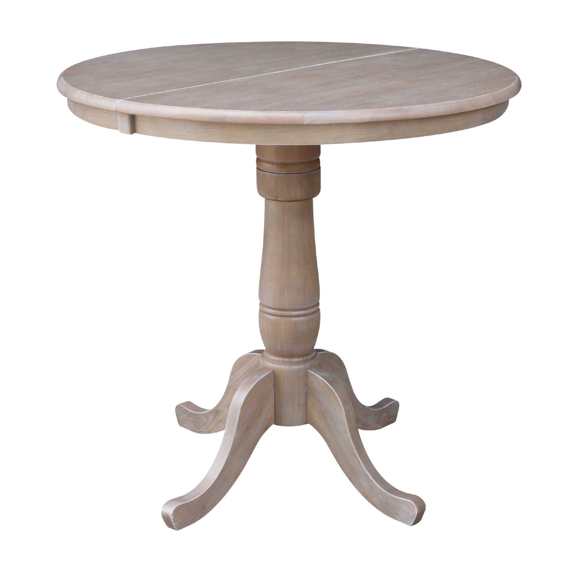 International Concepts K09-36RXT-6B Washed Gray Taupe Round Traditional Extending Removable leaf Counter Table, Wood with Washed Gray Taupe Wood Pedestal Base 48-Inches L x 35.3-Inches H