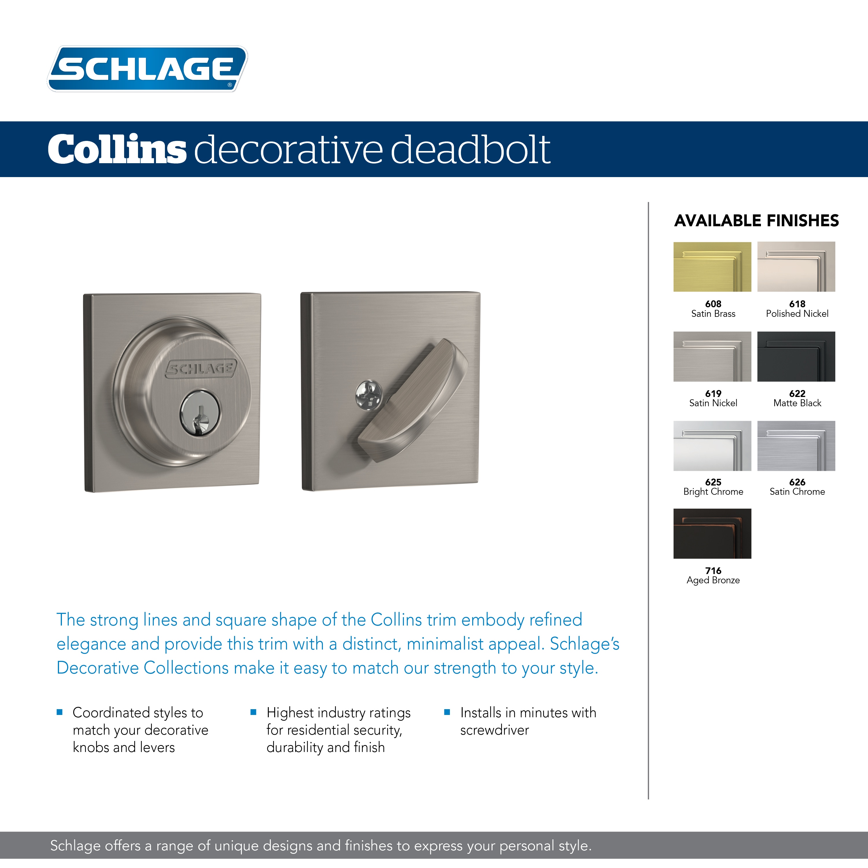 Schlage B60 N COL 626 Deadbolt with Collins Trim Keyed 1 Side