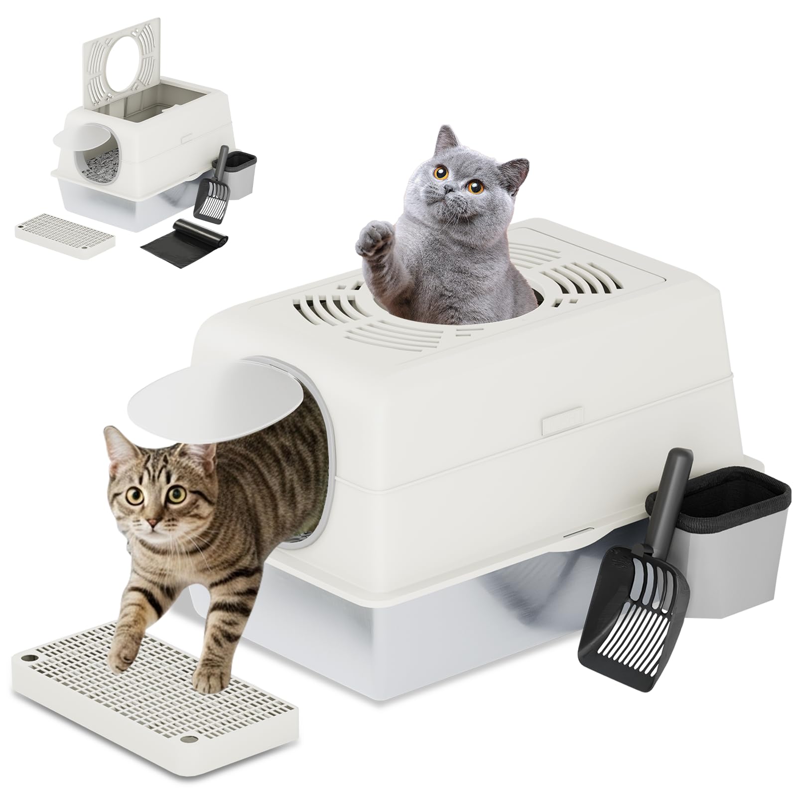 AECOJOY -  Large Enclosed Stainless Steel Cat Litter Box Enclosure with Lid