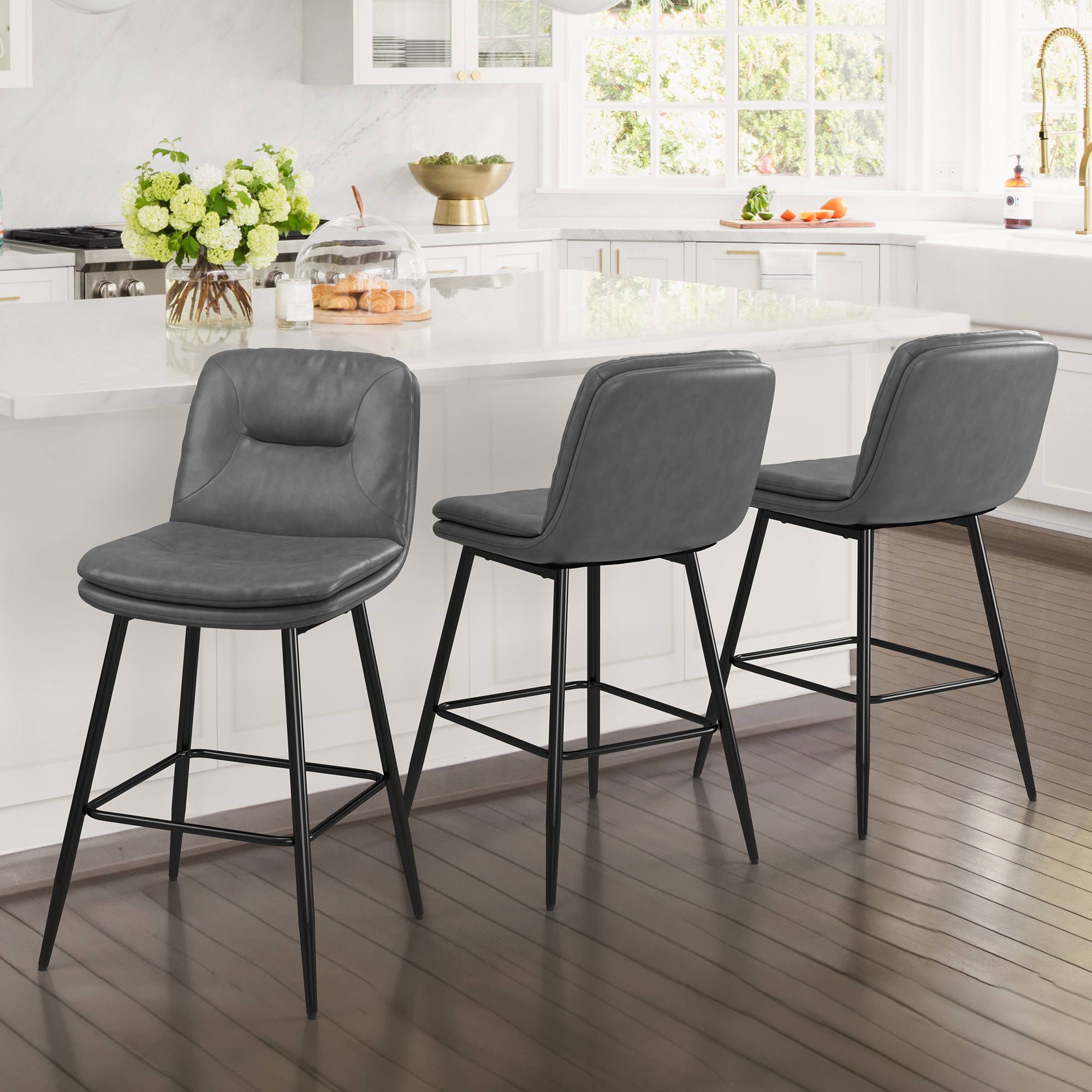 Yurevna - Gray 24-in H Counter height Upholstered Swivel Wood Bar Stool 3 -Pack