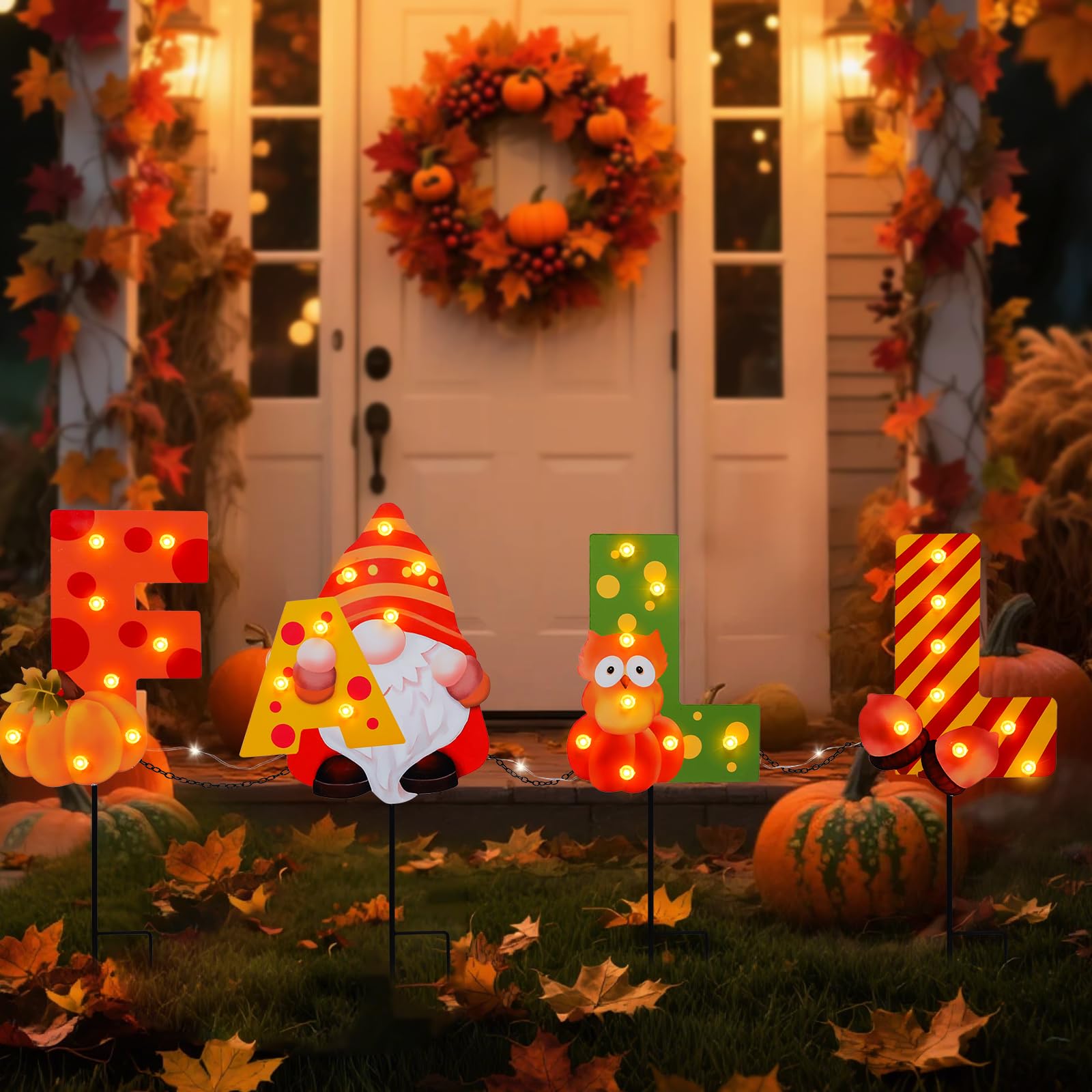 Justincity  Fall Yard Decor Outdoor Autumn Harvest Garden Stakes with LED Light Squirrel Gnome Letter Pumpkin Yard Sign with Stakes for Home Lawn