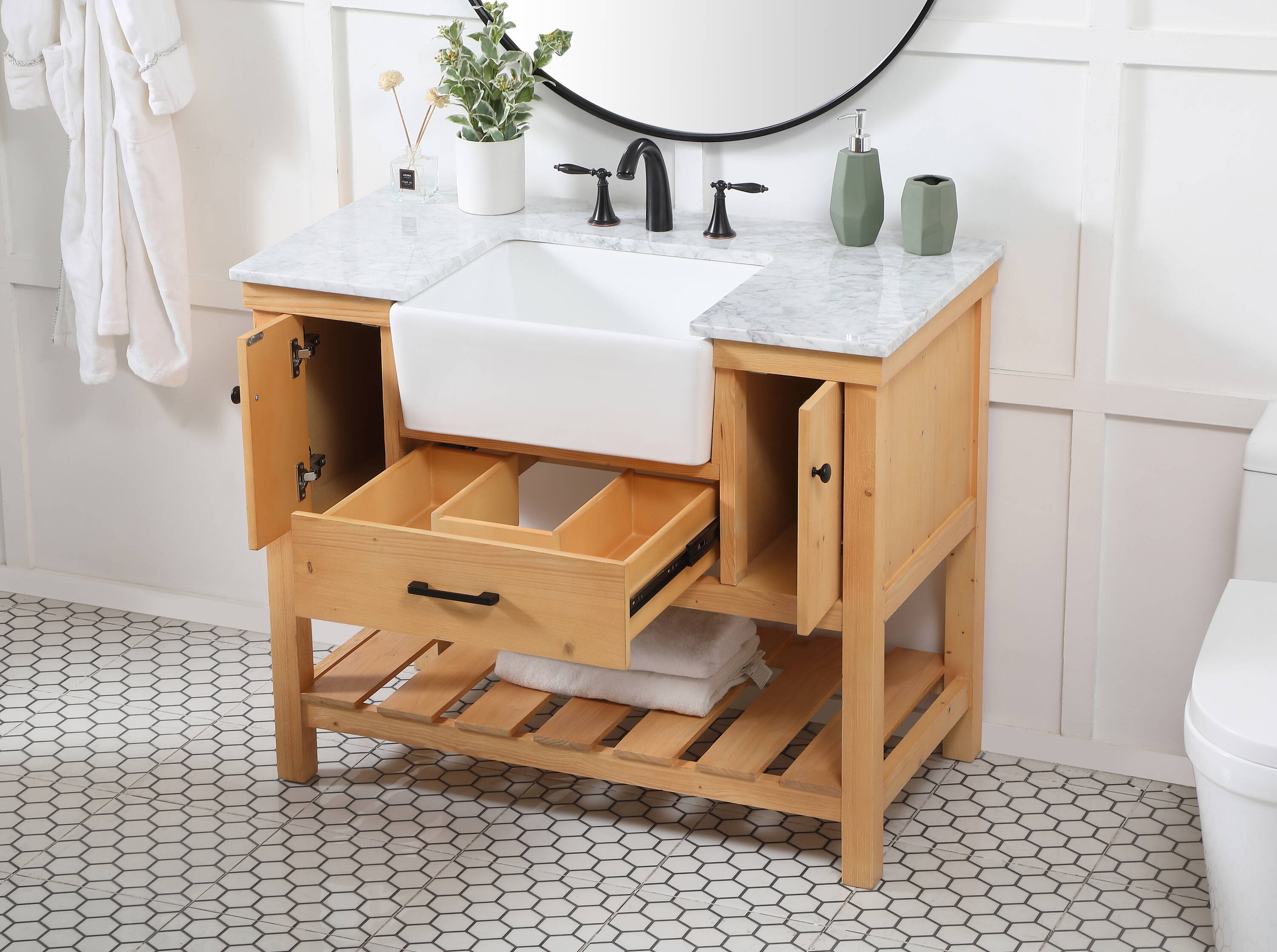 Natural Wood Single Sink Vanity with White Marble Top