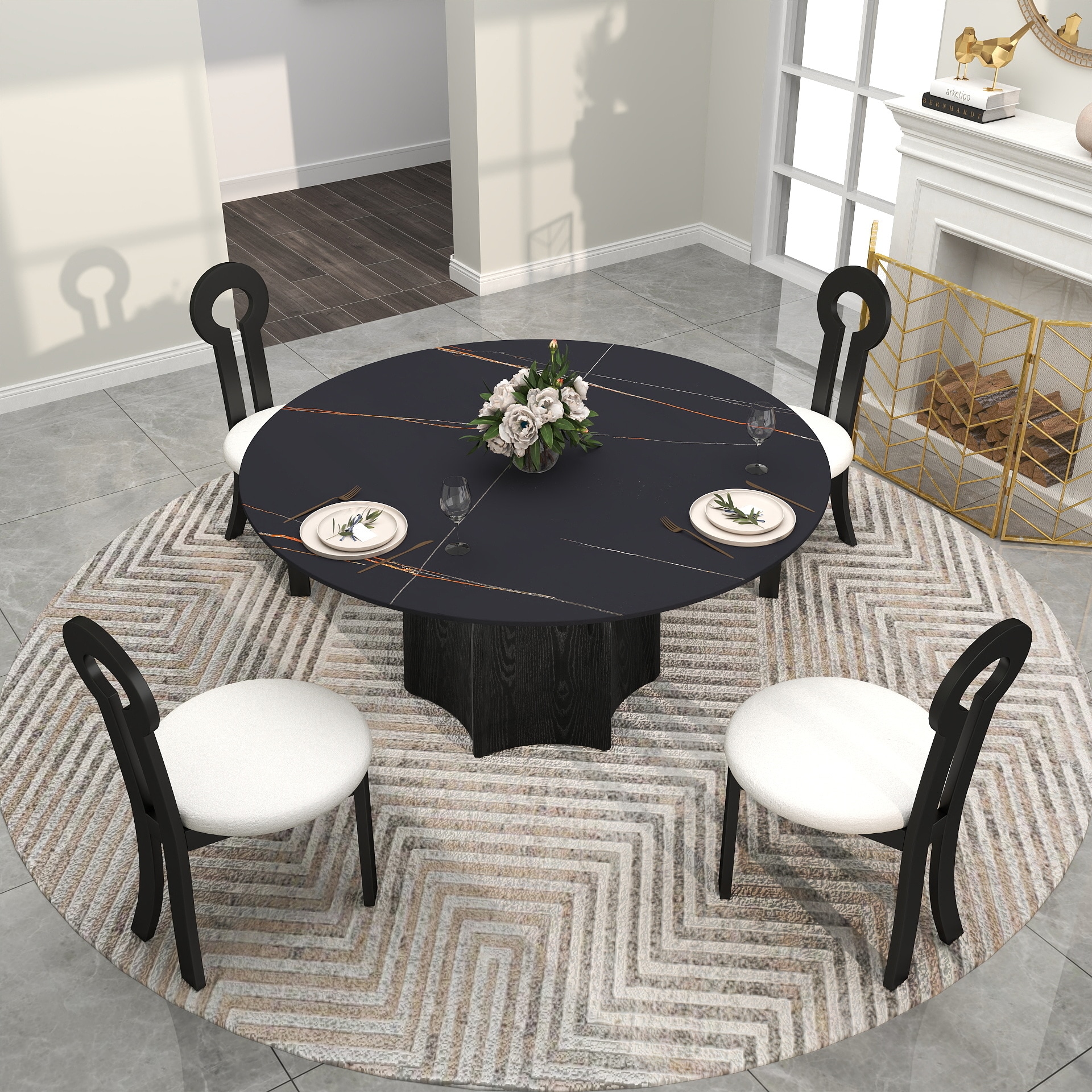 BuotiqHom DH-AT-150B-7B 59 in. Black Round Farmhouse Dining Table, Ceramic with Painted Metal Pedestal Base 59-in L x 29.5-in H