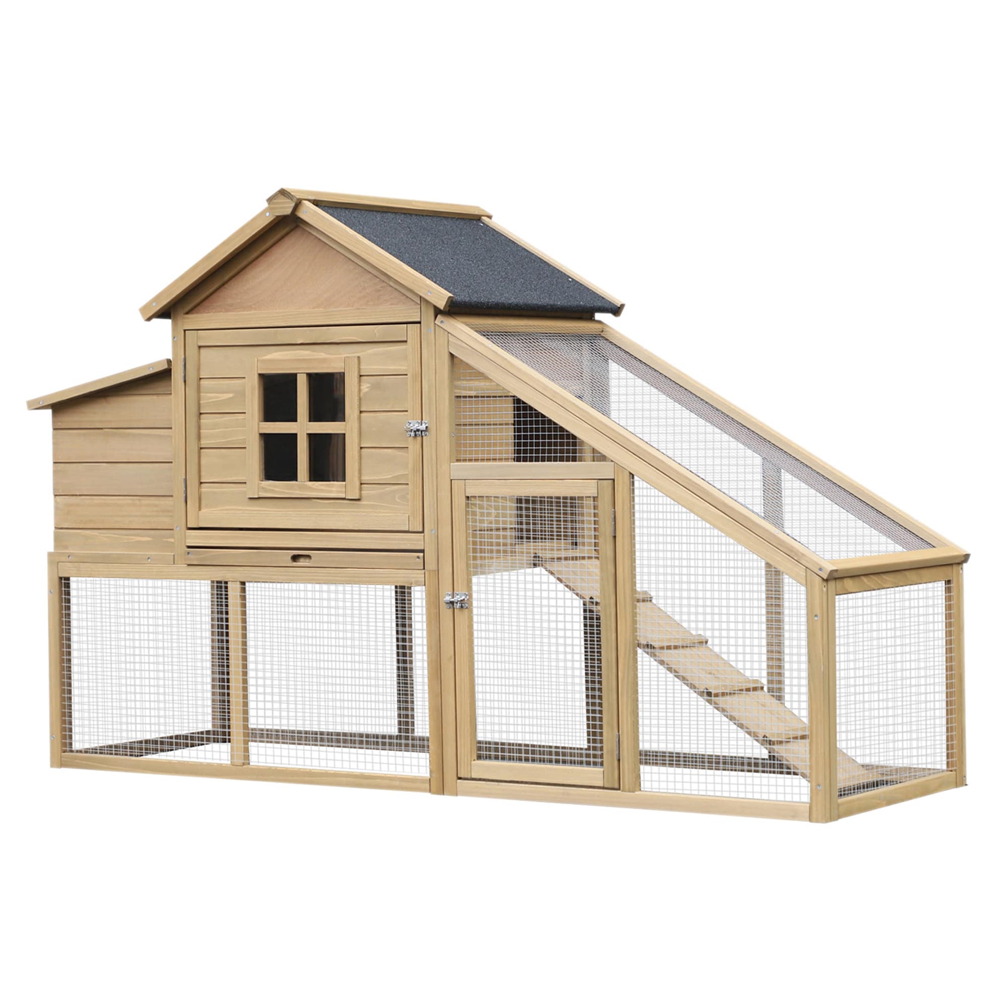 LUXEYARD Wooden Chicken Coop Poultry Cage Hen House with Connecting Ramp Removable Tray Ventilated Window and Nesting Box Natural