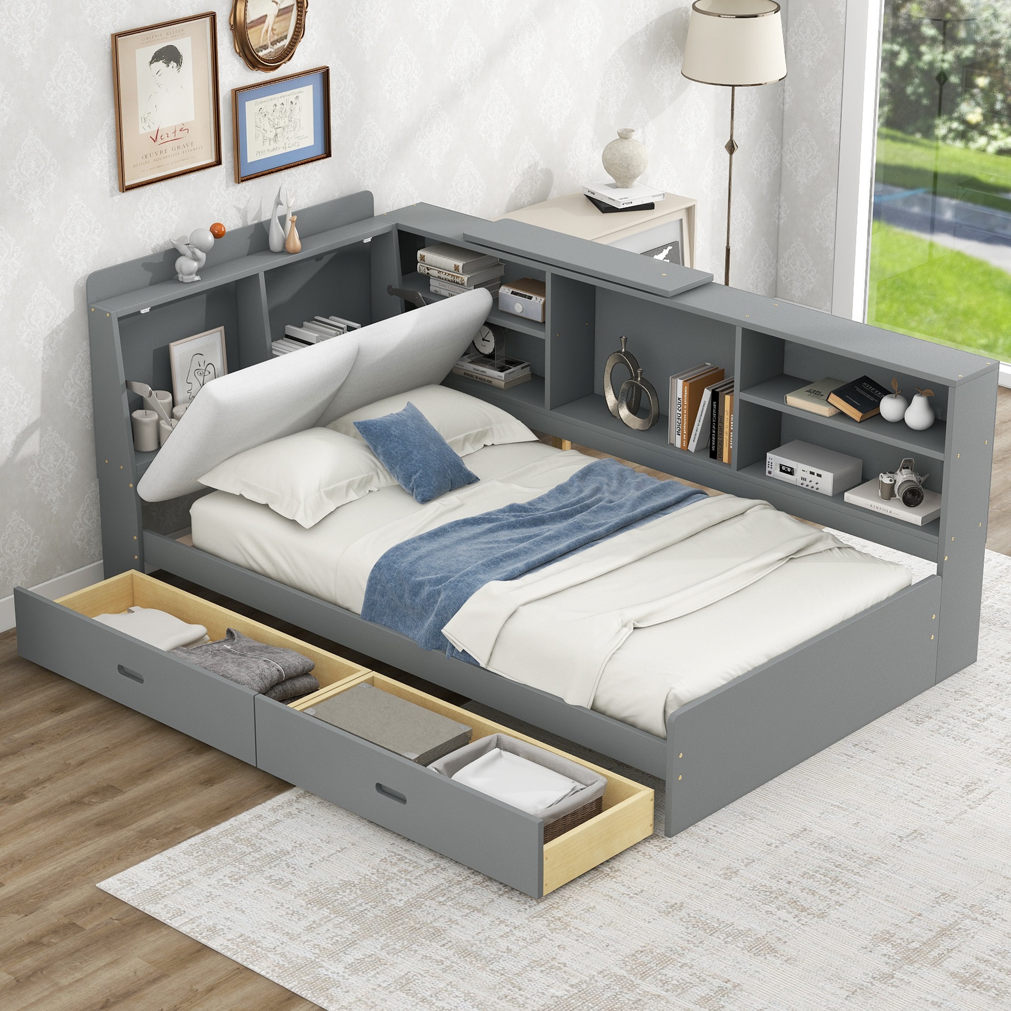 ModernLuxe GX002031AAE Wood Twin Size platform bed with Storage Headboard Shelves and 2 Drawers Gray