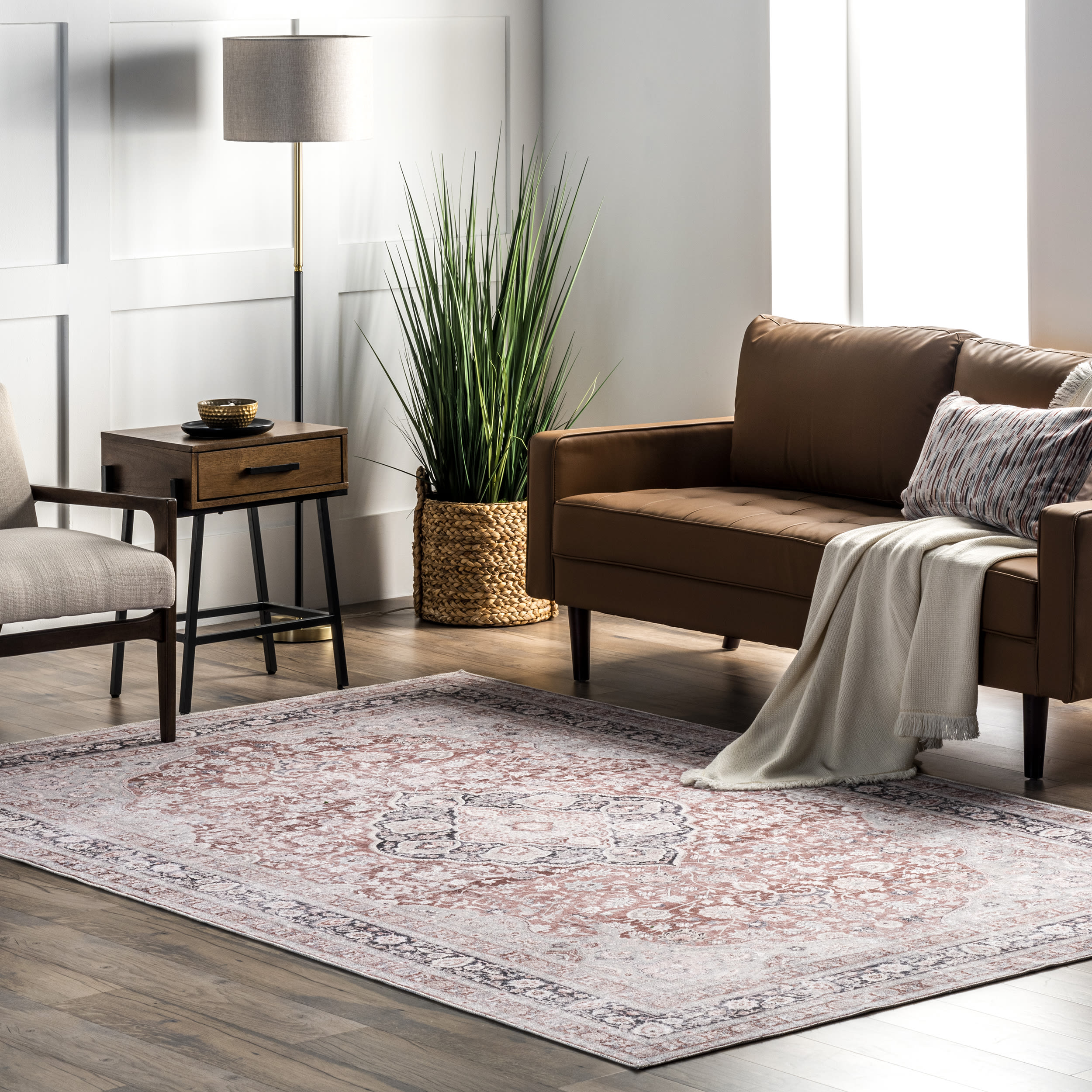 Red and Beige Synthetic 4' x 6' Washable Rectangular Area Rug