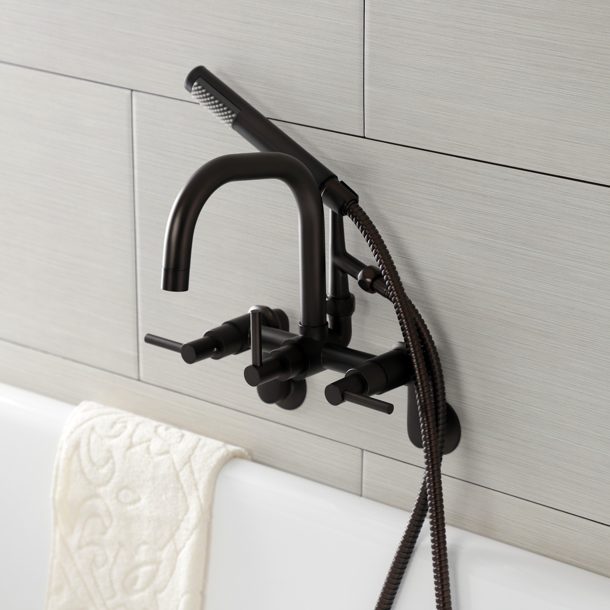 Kingston Brass WLAE8455DL Concord Oil-rubbed bronze 3-handle Wall-mount High-arc Bathtub Faucet with Hand Shower ( Valve Included )