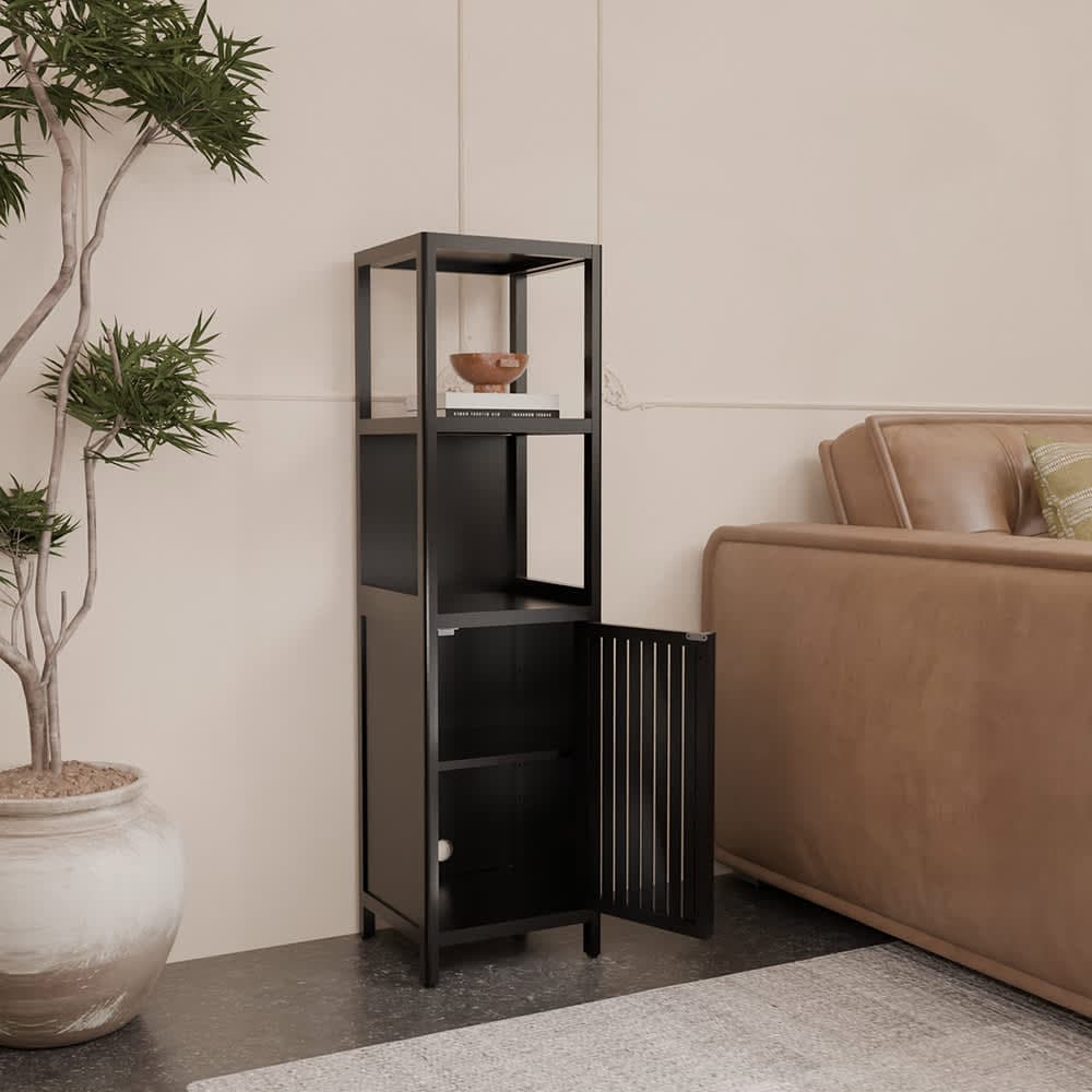 JUJABU Black 14.1 in Linen Tower Bamboo Storage Cabinet for Bathroom #122BATHROOM-6511