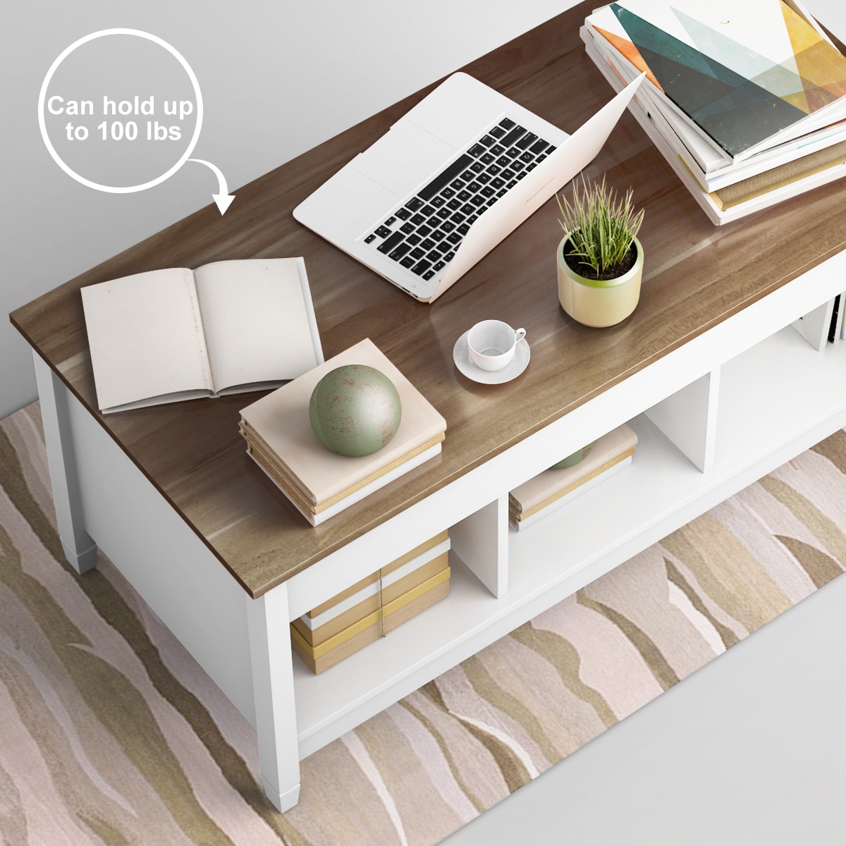 Contemporary White and Brown Rectangular Lift-Top Coffee Table with Storage
