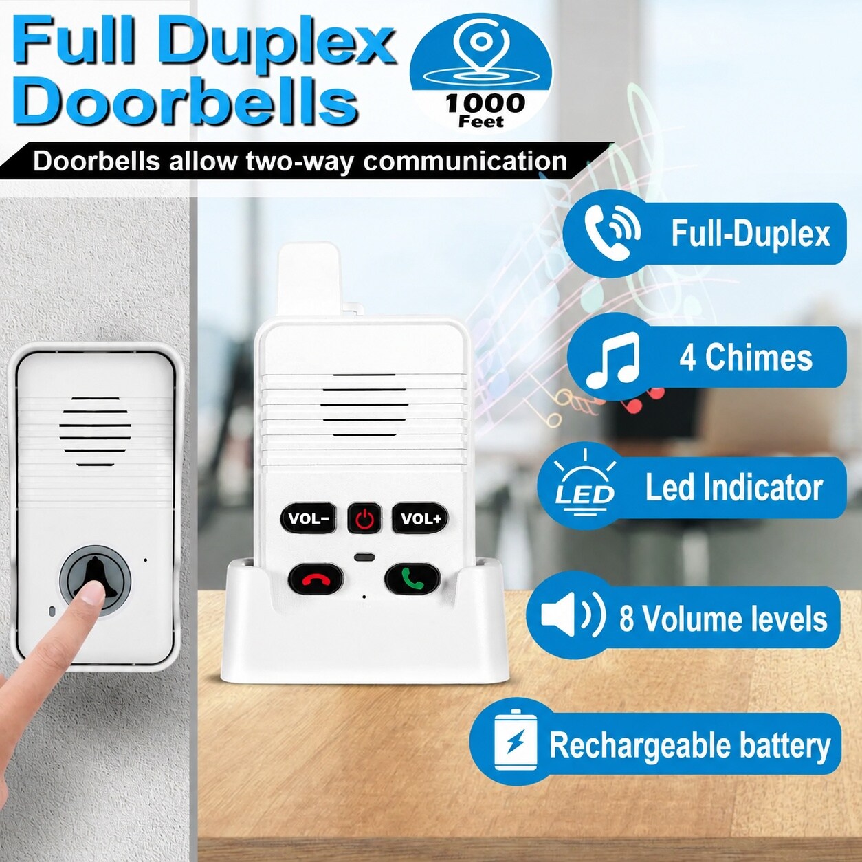 Adrinfly Wireless Doorbell System with Full Duplex Intercom Hands-Free ...