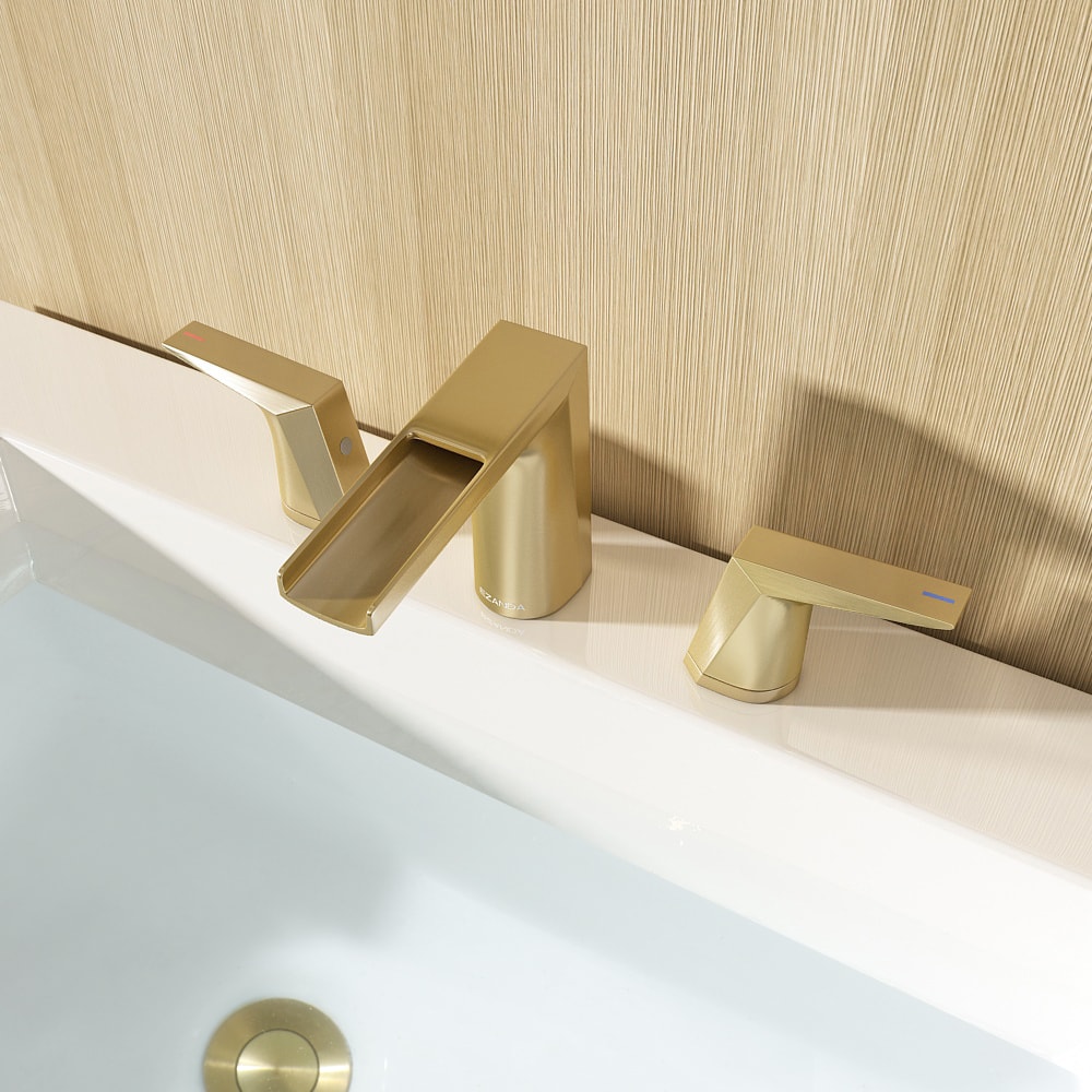 EZANDA 1431208 Diamond Brushed Gold Widespread 2-handle Waterfall Residential Handle Bathroom Sink Faucet with Drain