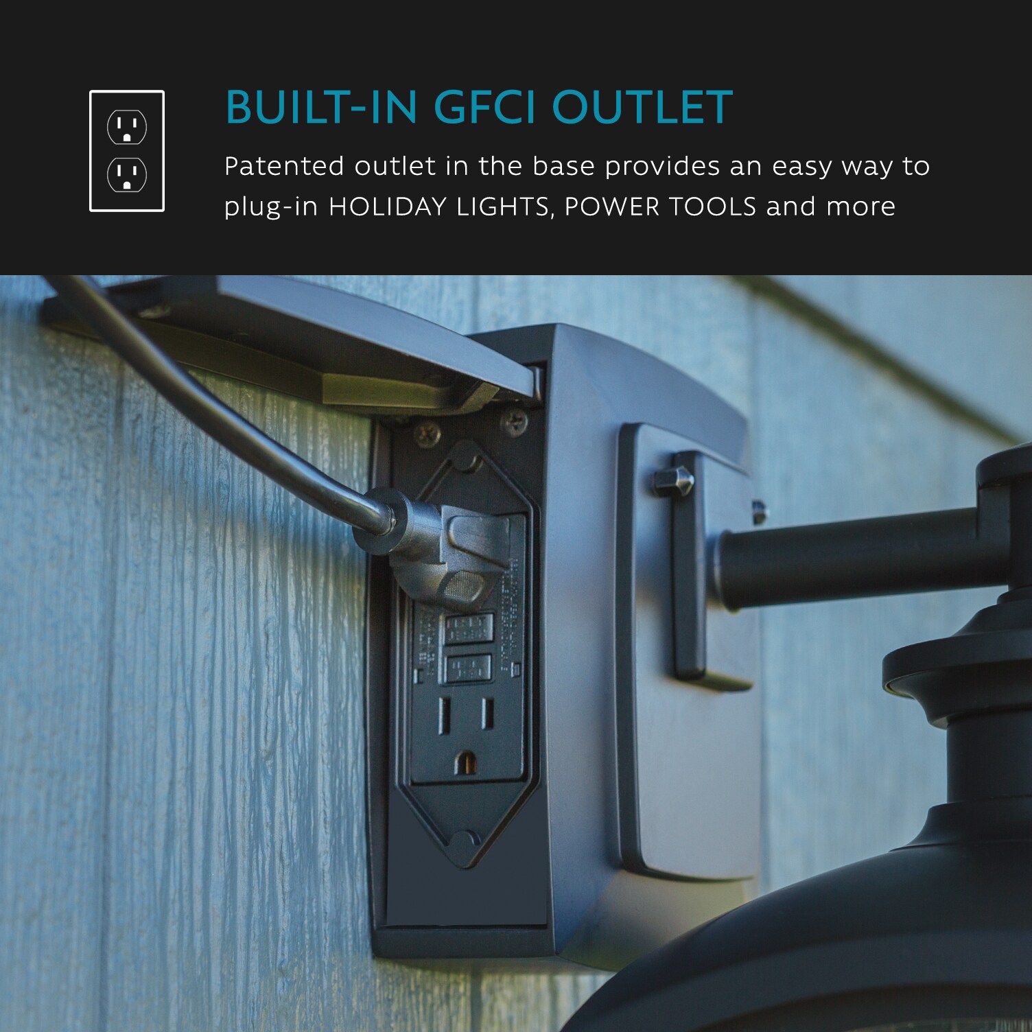 Outdoor light with built deals in electrical outlet