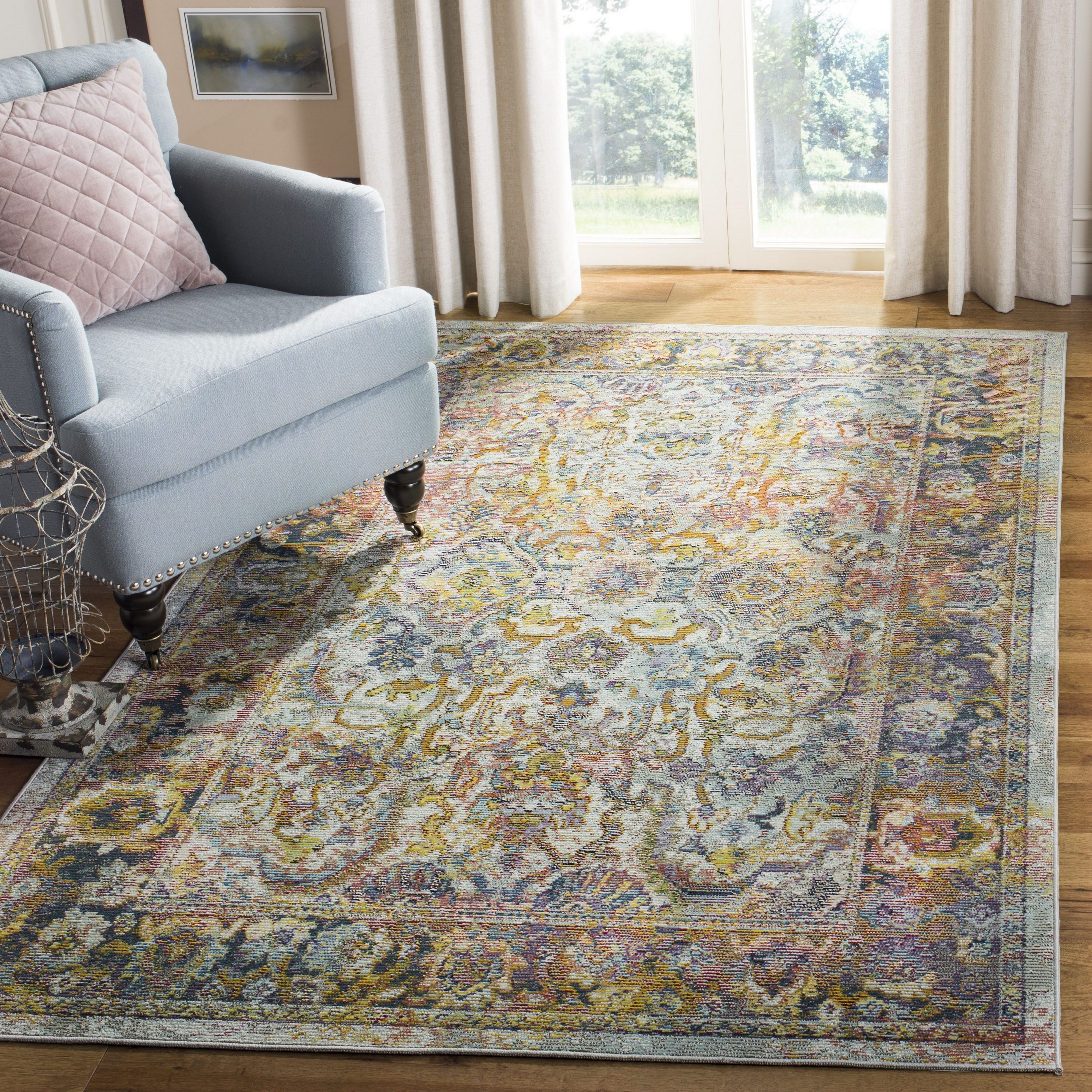 Light Blue and Orange Distressed Oriental Synthetic Area Rug