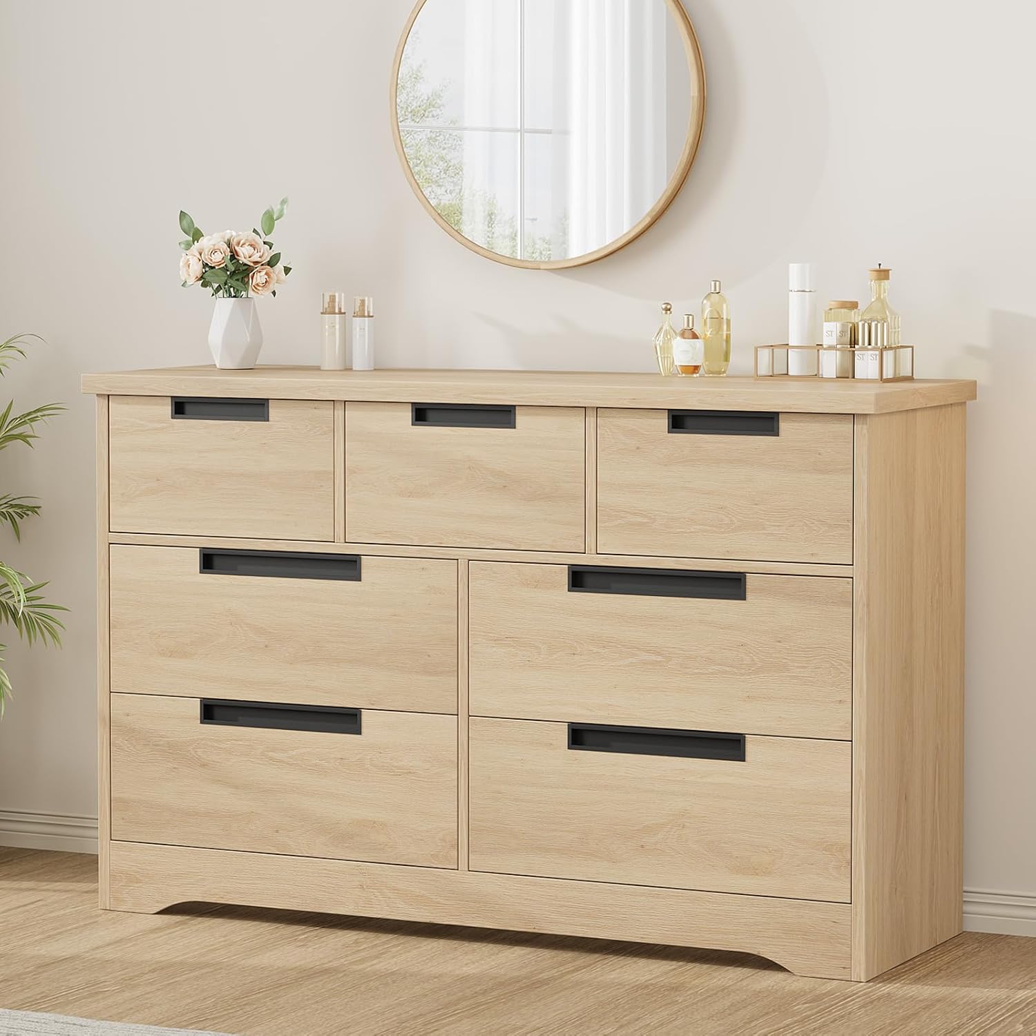 Qeetex LSDIBPHK338WCKNR Natural Oak Seven Drawer Modern Dresser With Embedded Handles For Bedroom Living Room And Nursery Storage