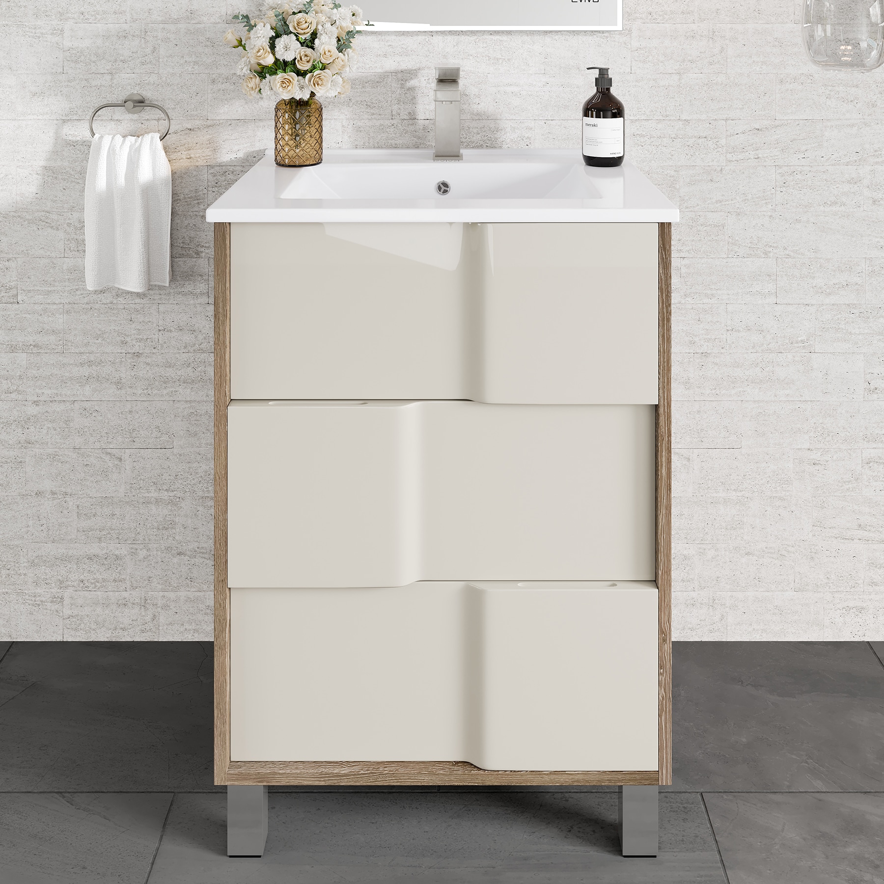 Eviva EVVN566-24WH/BG Toronto 24-in White and Beige Single Sink Bathroom Vanity with White Porcelain Top