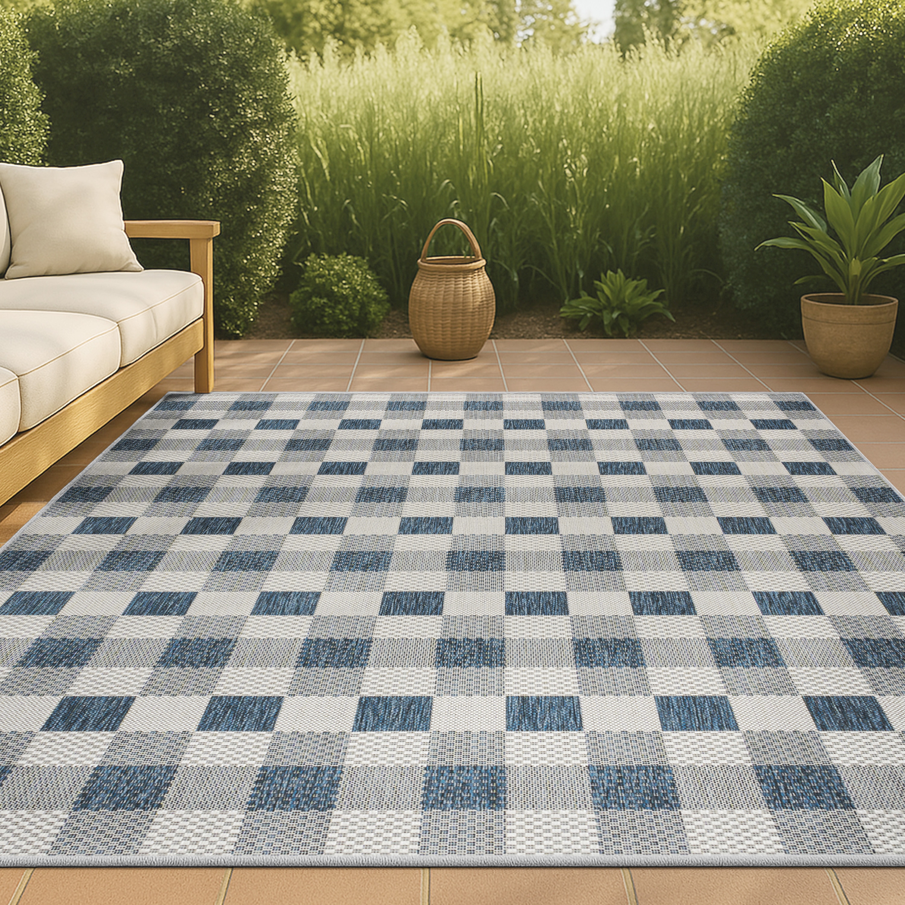 JONATHAN  Y TSN201C-3 TUSCAN SUN Darcy Traditional Geometric Bold Gingham 3 x 5 (ft) Loomed Navy/Cream Rectangular Indoor/Outdoor Geometric Farmhouse/Cottage Pet Friendly Area rug