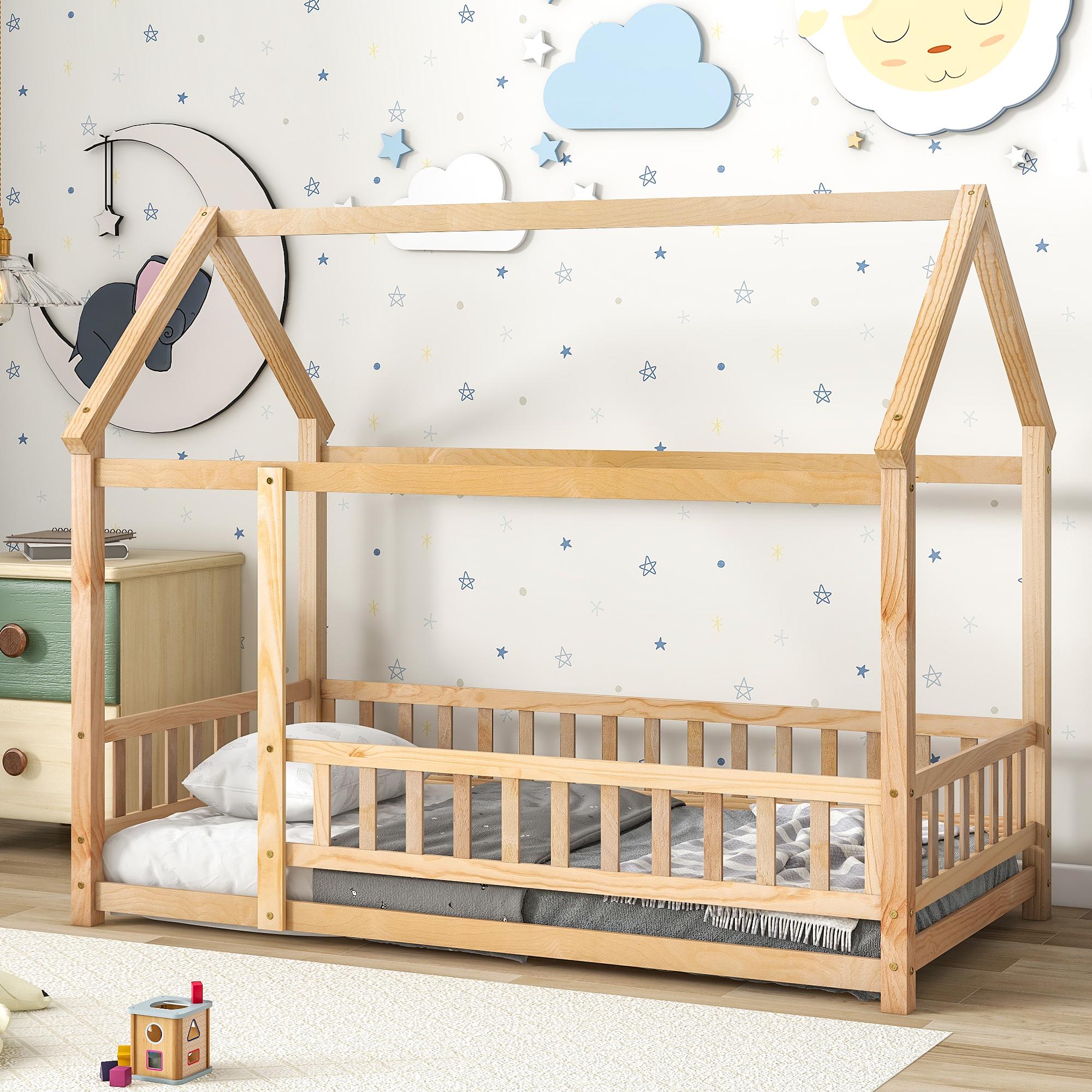 Bayfeve BF-174634-IN Wood House Roof Bed Frame Natural Brown Twin Wood Bed frame Bed