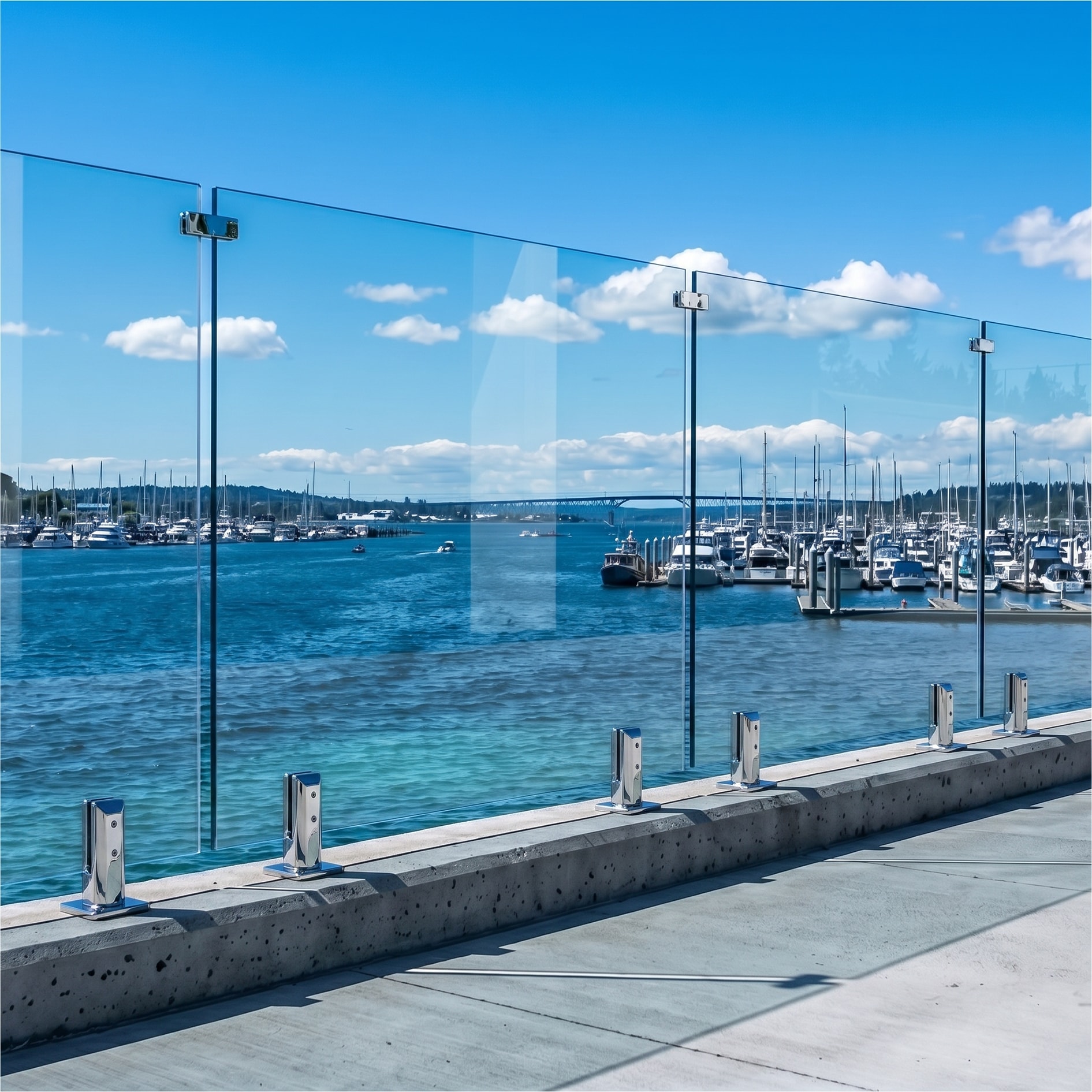UNIKOO Frameless Glass Railing System Kit 166 1/4 in. to 169 in. W x 44 in. H 4 Panel Set in Bright Chrome and 1/2 in. Clear Tempered Glass with 2205 Marine Grade Stainless Steel Posts