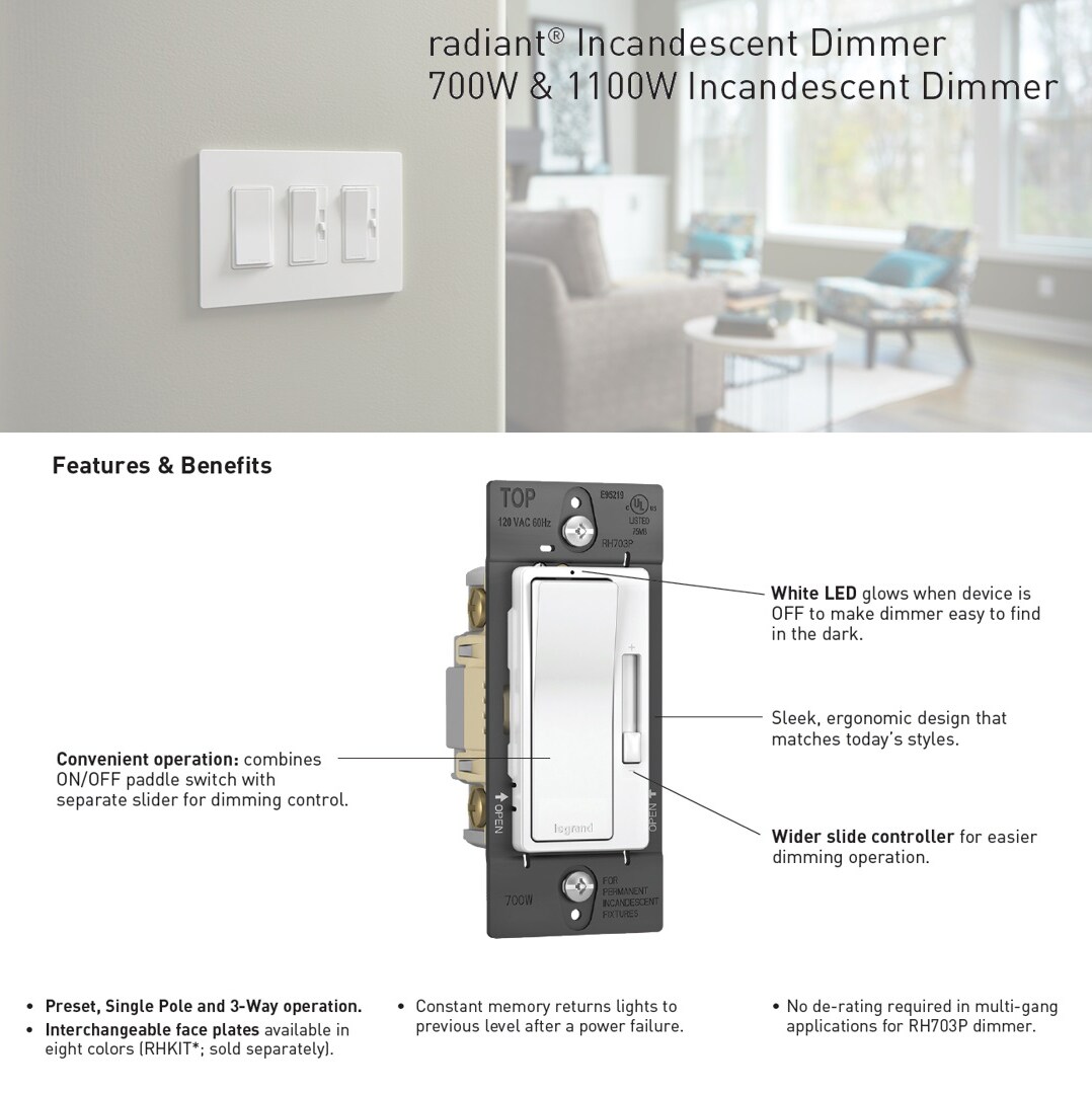 Legrand radiant Single-Pole/3-Way Illuminated Decorator Light Dimmer ...