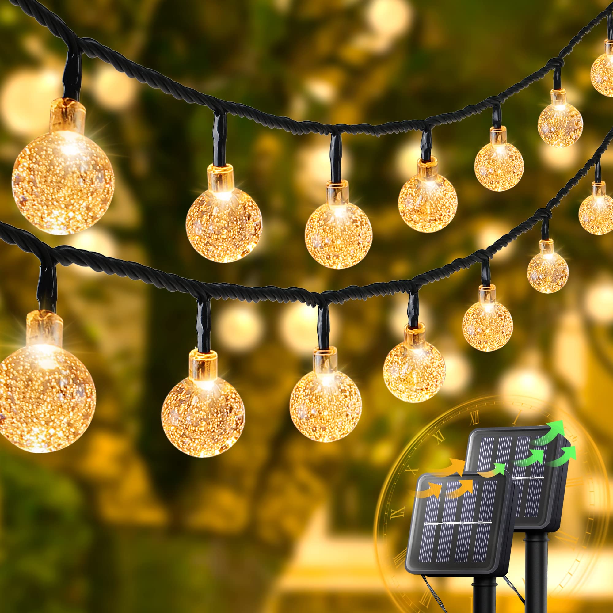IUEST  2 Pack 30 LED 20 Foot Solar String Lights Outdoor Crystal Globe Lights with 8 Lighting Modes Waterproof Solar Powered Patio Lights for