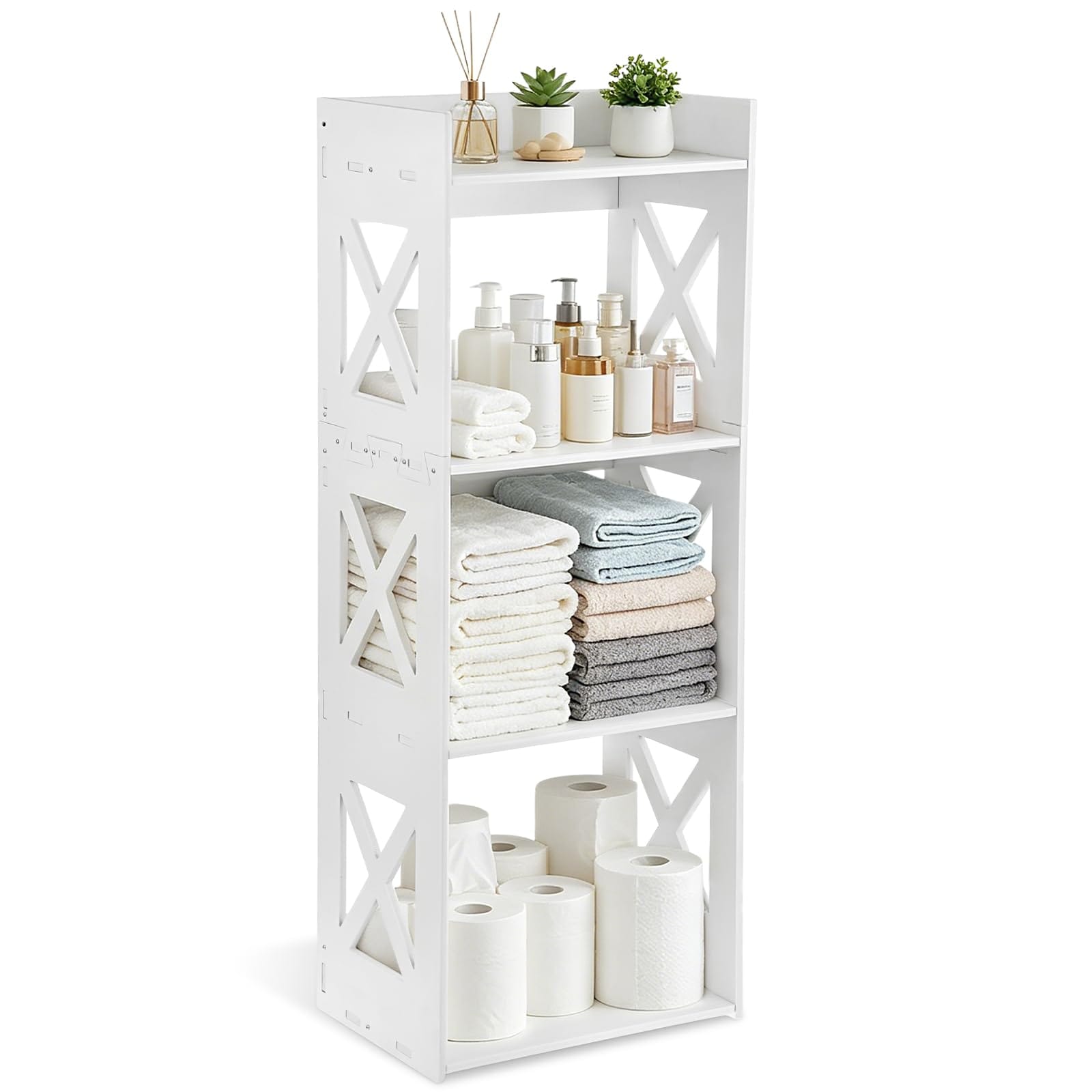 KHKFY  Small Bathroom Storage Corner Shelf 4-Tier Waterproof PVC Narrow Floor Stand White Freestanding Organizer for Bathroom Living Room Kitchen