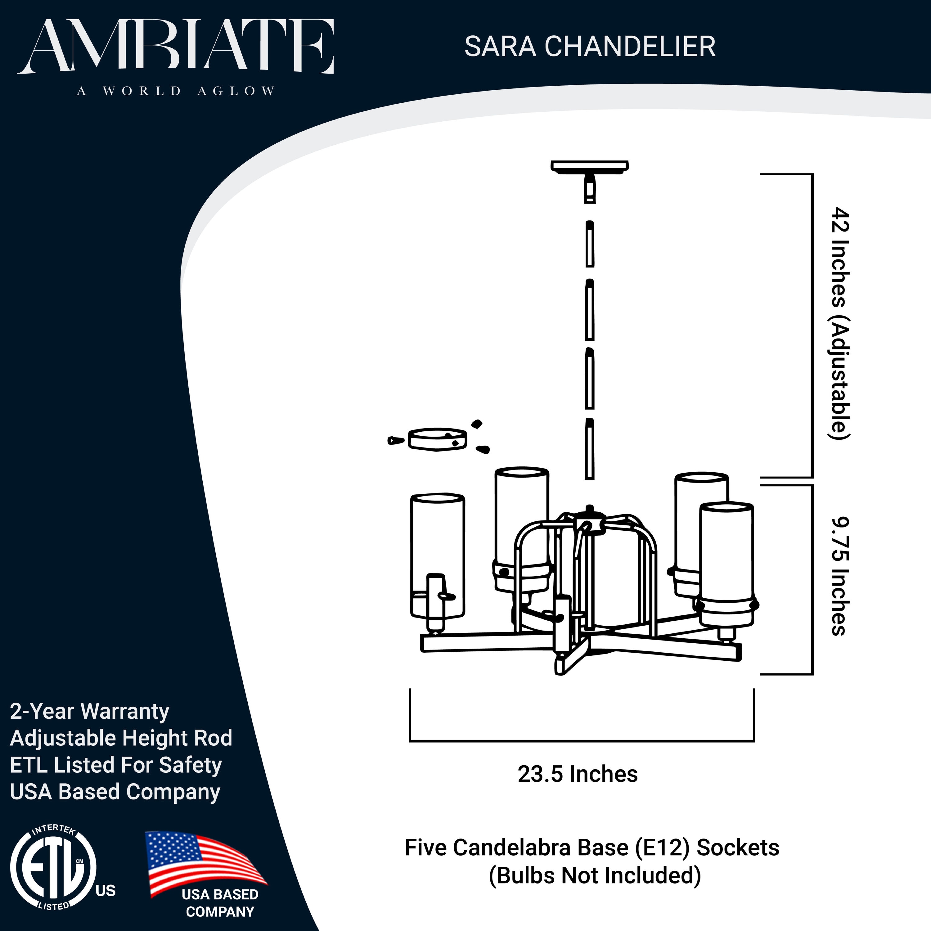 Sara Gold Finish 5-Light Chandelier with Glass Shades