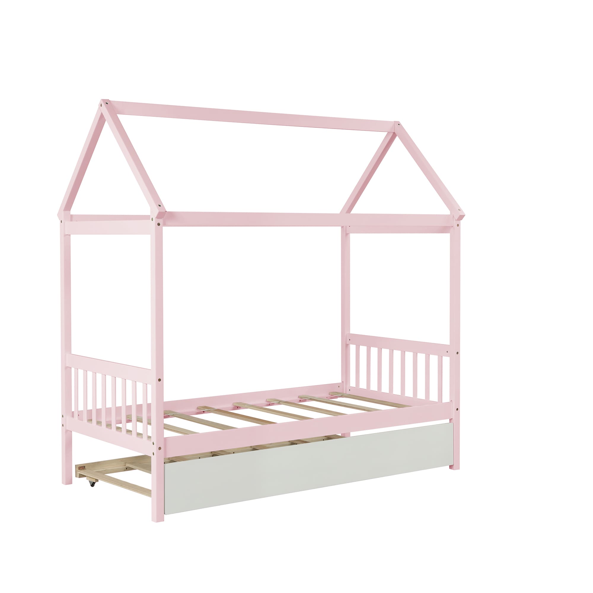 Qualler Pink Twin Trundle Bed with House-Shaped Design for Kids at