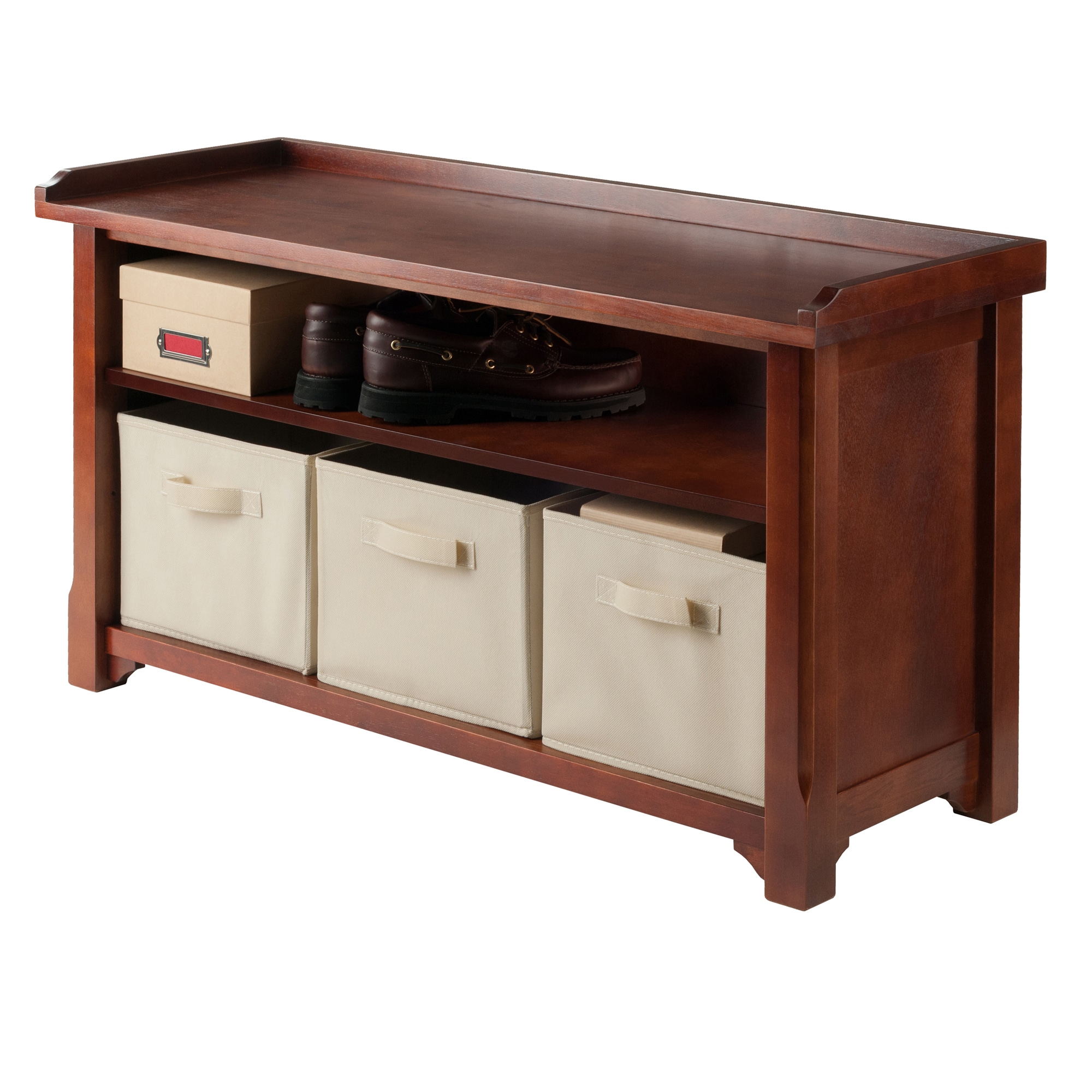 Winsome Transitional Walnut Storage Bench with Beige Fabric Baskets