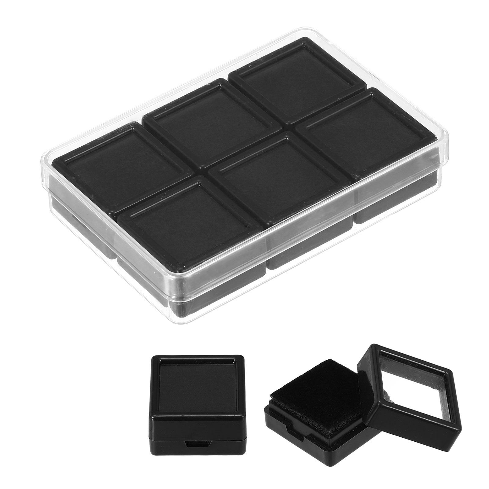 PATIKIL 3.9x2.6x0.7inch Gemstone Display Box 6pcs Square Diamond Containers Small Storage Boxes Jewelry Acrylic Box with Clear Glass Top Lids and Sponge for Gems Diamonds Coin (Black)