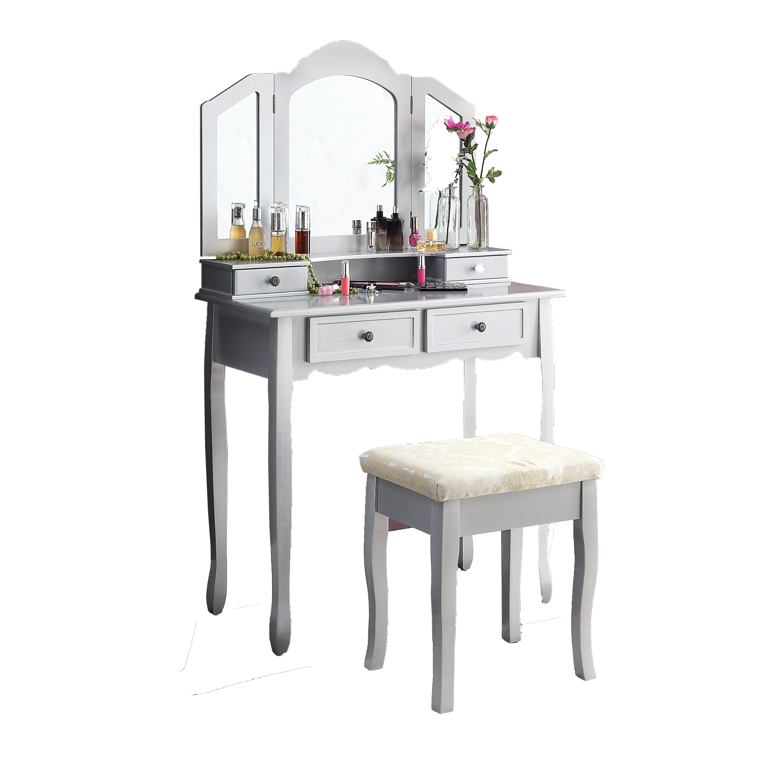Roundhill Furniture 3413SL 31.5-Inches Silver Makeup Vanity