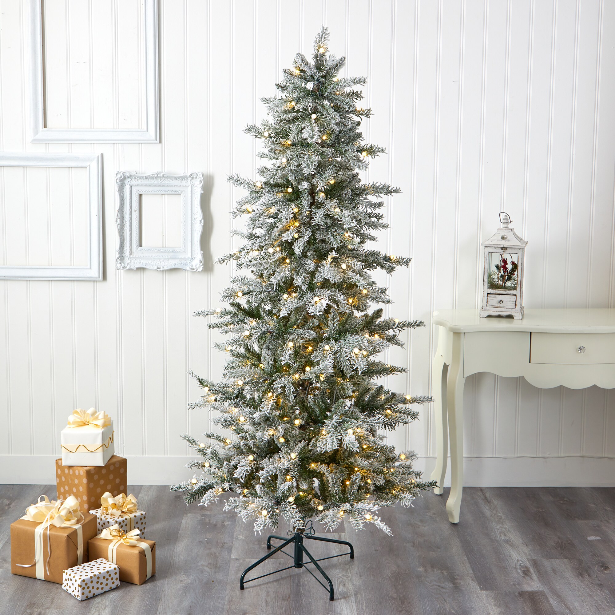 Nearly Natural 6.5-ft Spruce Pre-lit Slim Flocked Artificial Christmas ...