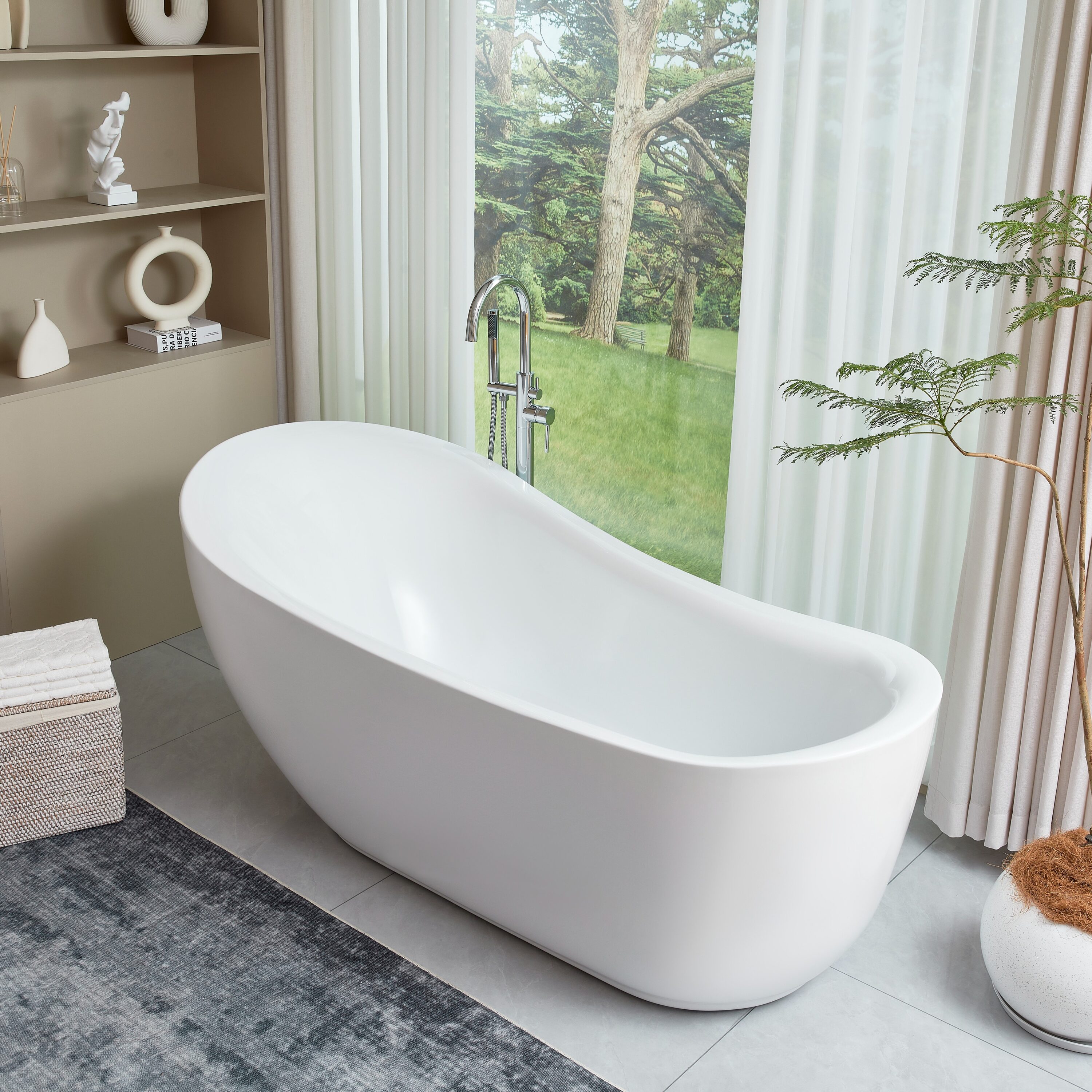 71'' White Acrylic Freestanding Soaking Bathtub with Chrome Drain