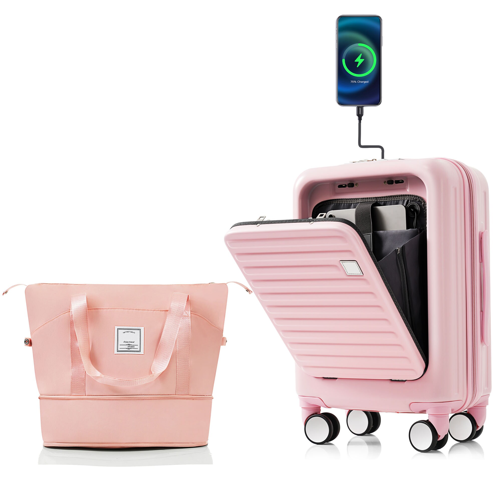 Bybafun 2 -Bag Hardshell 26.5x17.3x10.6 Plastic Pink Spinner Suitcase set