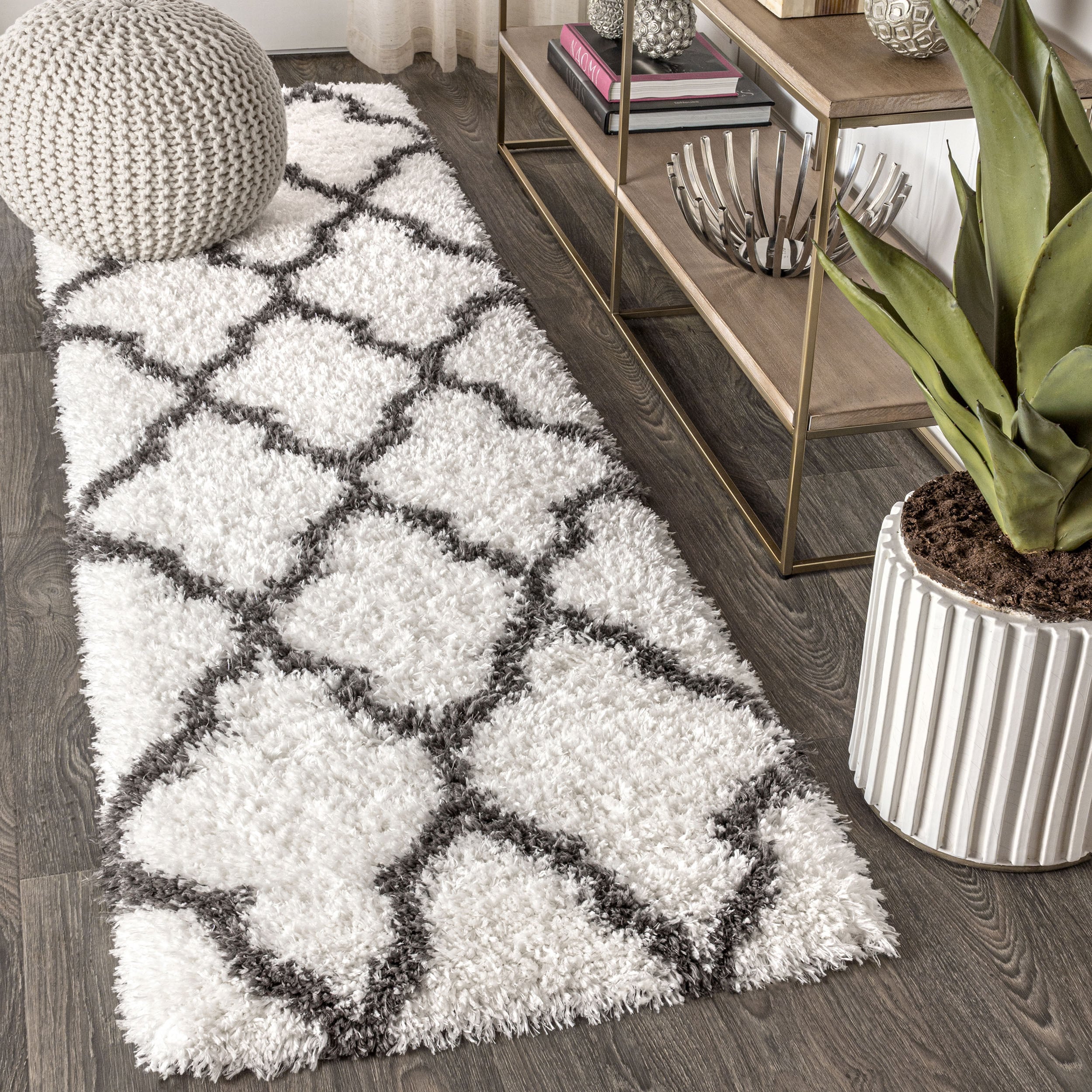 JONATHAN  Y ALA100A-28 Alaska Shag Marrakesh 2 x 8 (ft) Loomed Polyester Ivory/Charcoal Rectangular Indoor Trellis Bohemian/Eclectic Runner rug
