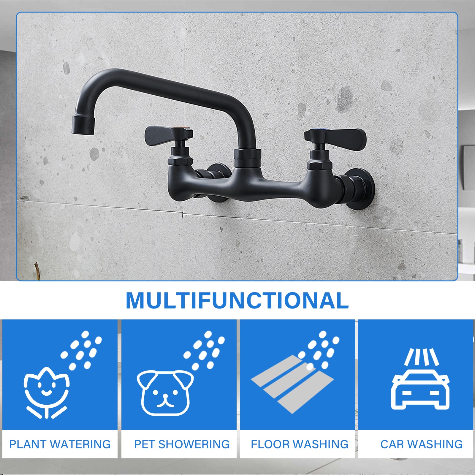 Matte Black Wall-Mount Dual Handle Kitchen Faucet