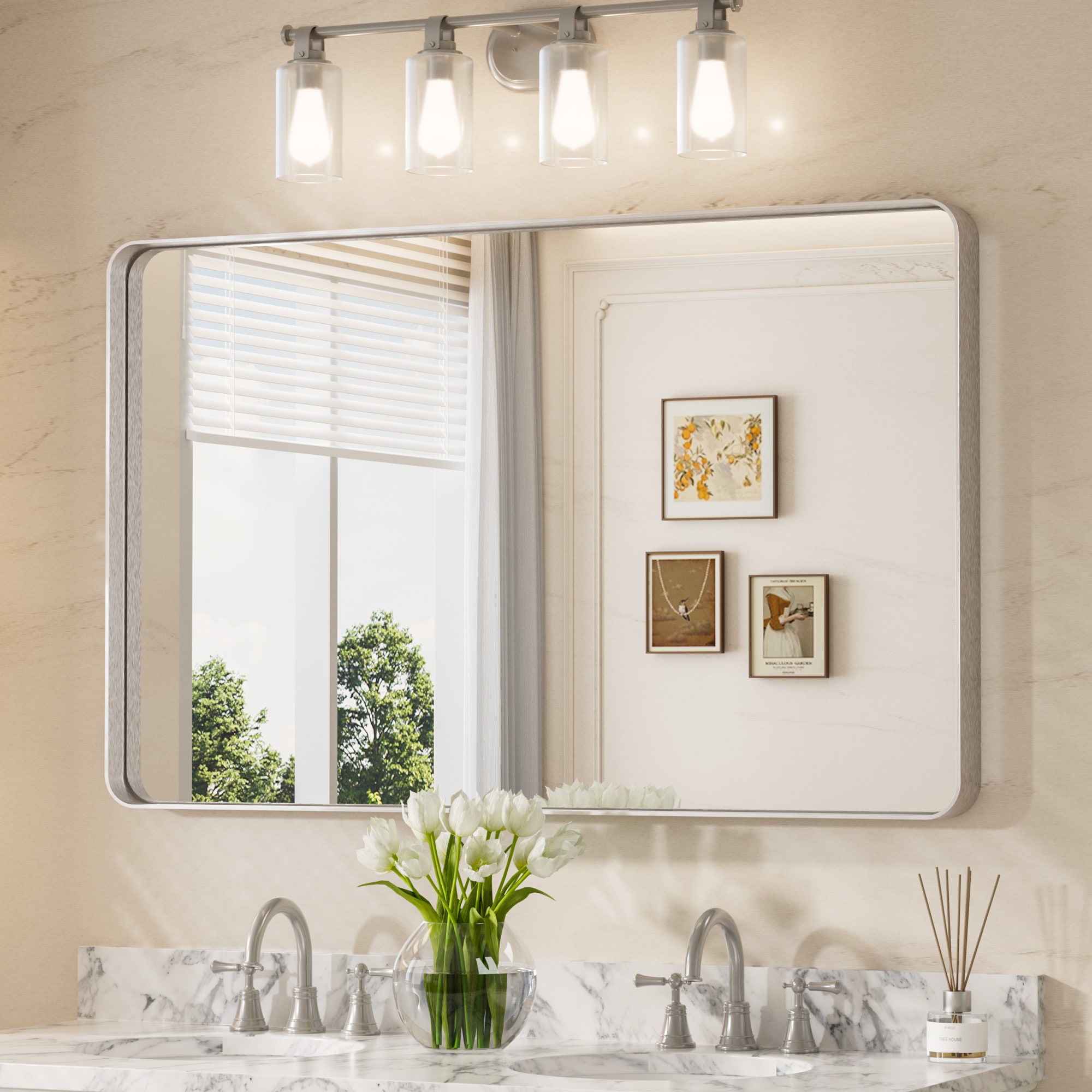 Keonjinn - Bathroom Mirrors 48-in W x 30-in H Rectangle Brushed Nickel Framed Wall Mirror