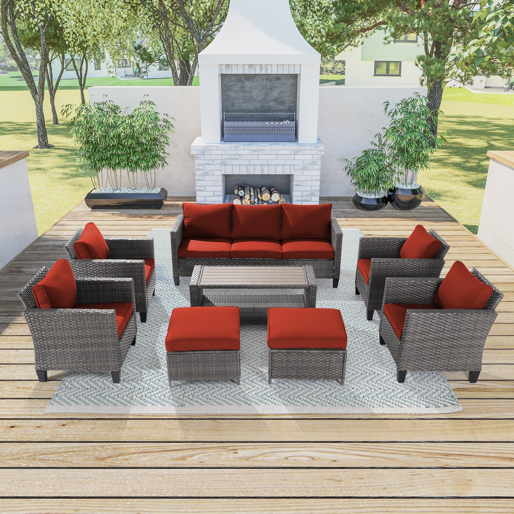 Sonkuki SD-PS-115HOG-S2T1 Patio Conversation Set 8 -Piece Wicker Patio Sofa Conversation Set with Red Cushions