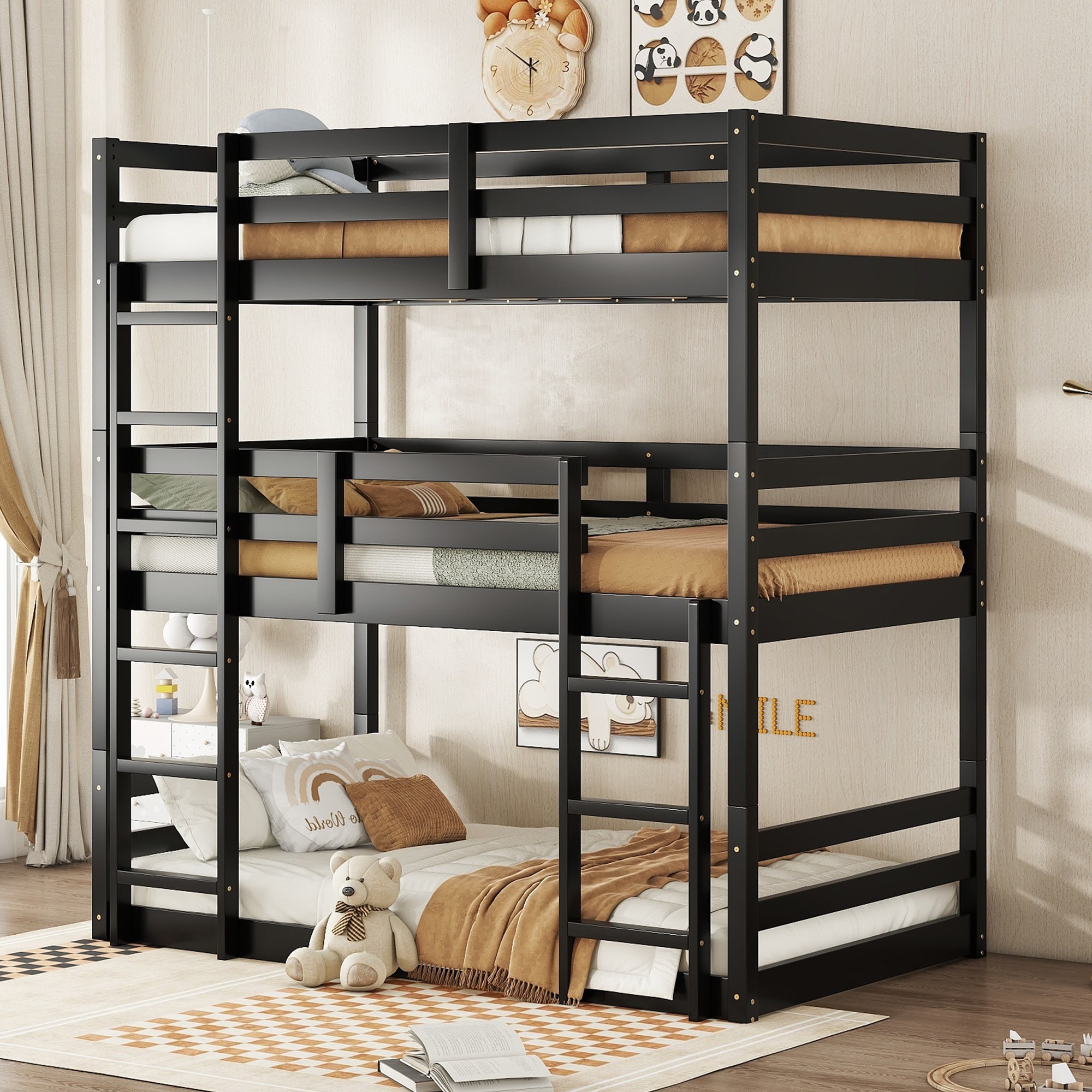 Bellemave - Triple Rubber Wood Bunk Bed with Two Built-in Ladders Guardrails Twin over Twin over ...