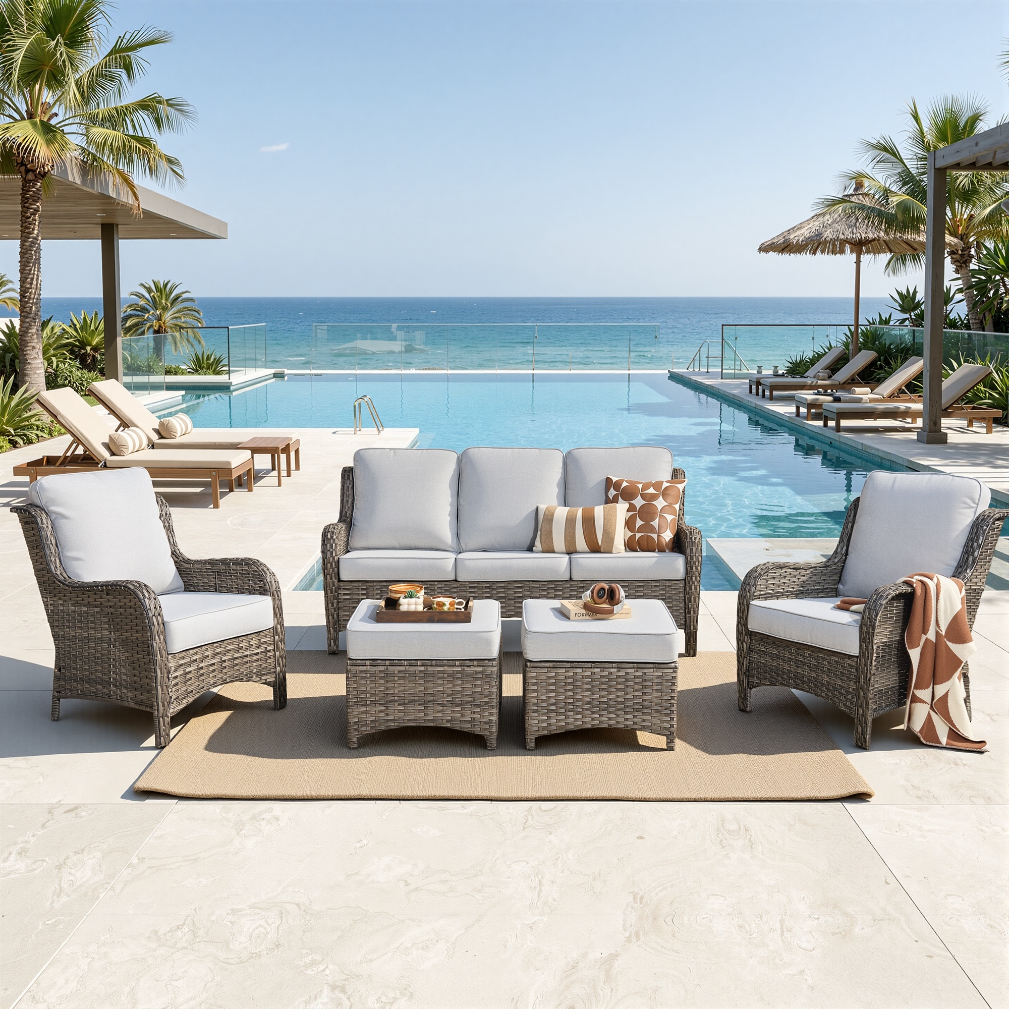 Ovios - 5 -Piece Wicker Patio Conversation Set with Gray Cushions Included