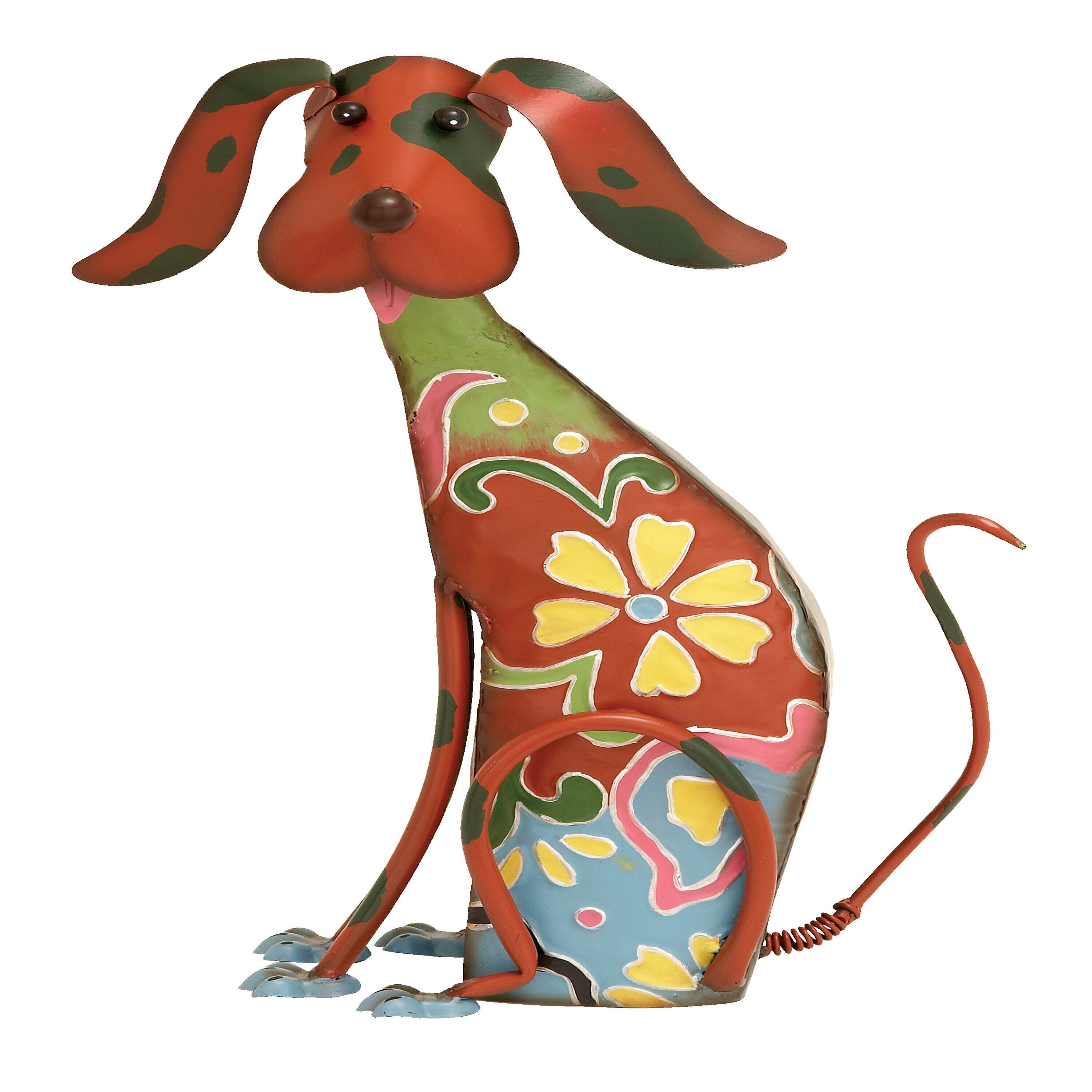 Multicolor Floral Iron Dog Garden Sculpture, 12" x 17"