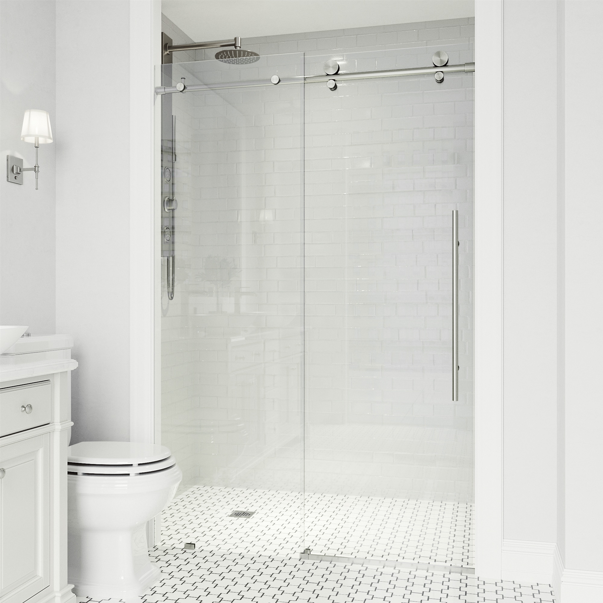 VIGO VG6021STCL6876 Elan E-Class Stainless Steel 64-in to 68-in W x 76-in H Frameless Sliding Shower Door 3/8-in Thick Clear Glass