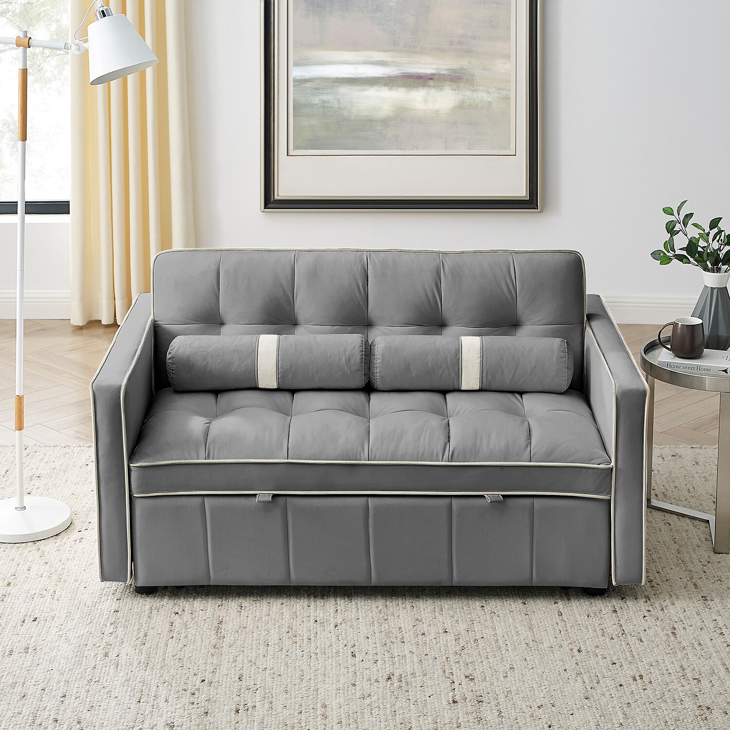 Clihome Pull-Out Sofa-Bed 60-in Modern Light Gray Velvet 3-seater Sleeper  in the Couches, Sofas & Loveseats department at