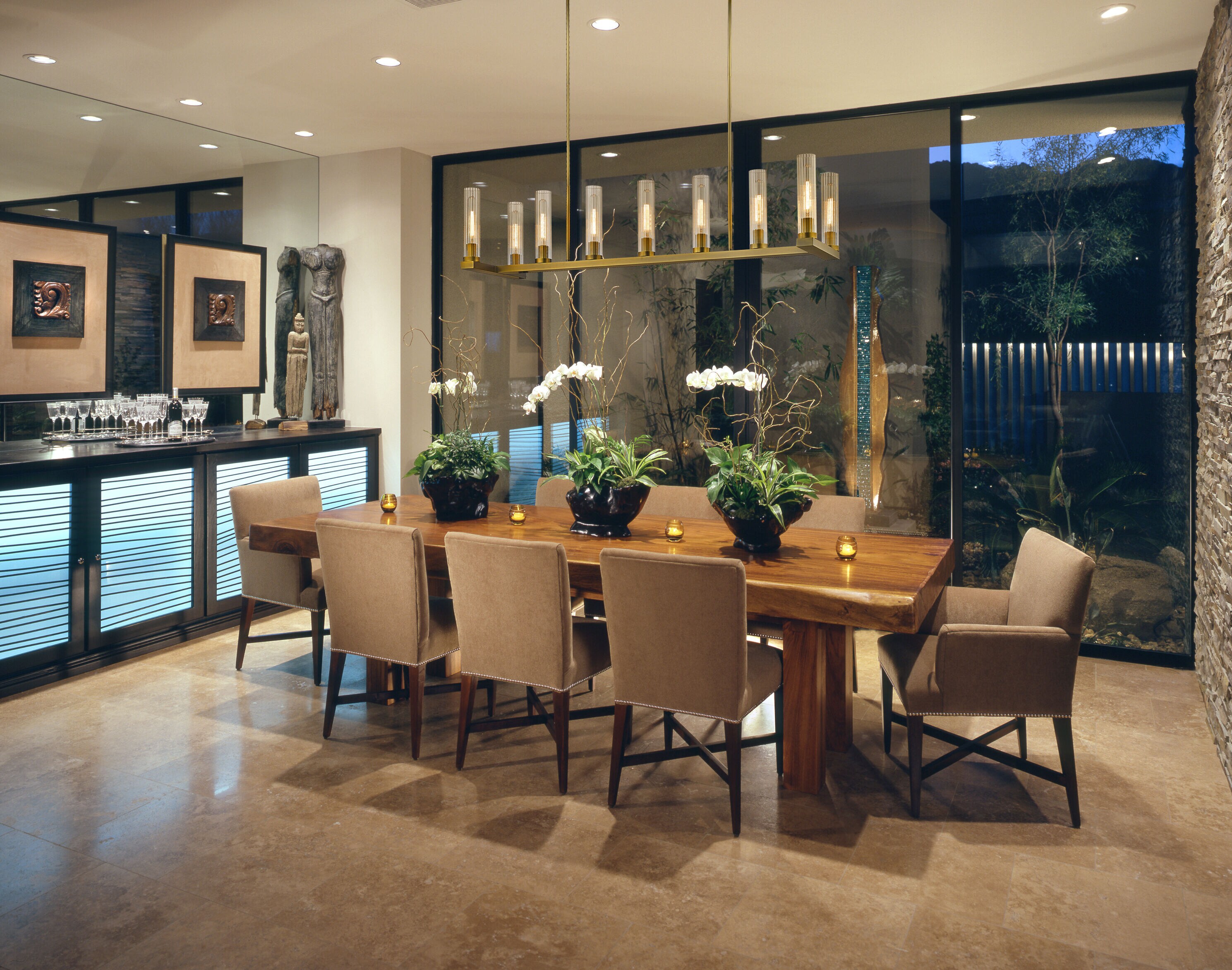 Rubbed Brass 9-Light Island Pendant with Fluted Glass Shades