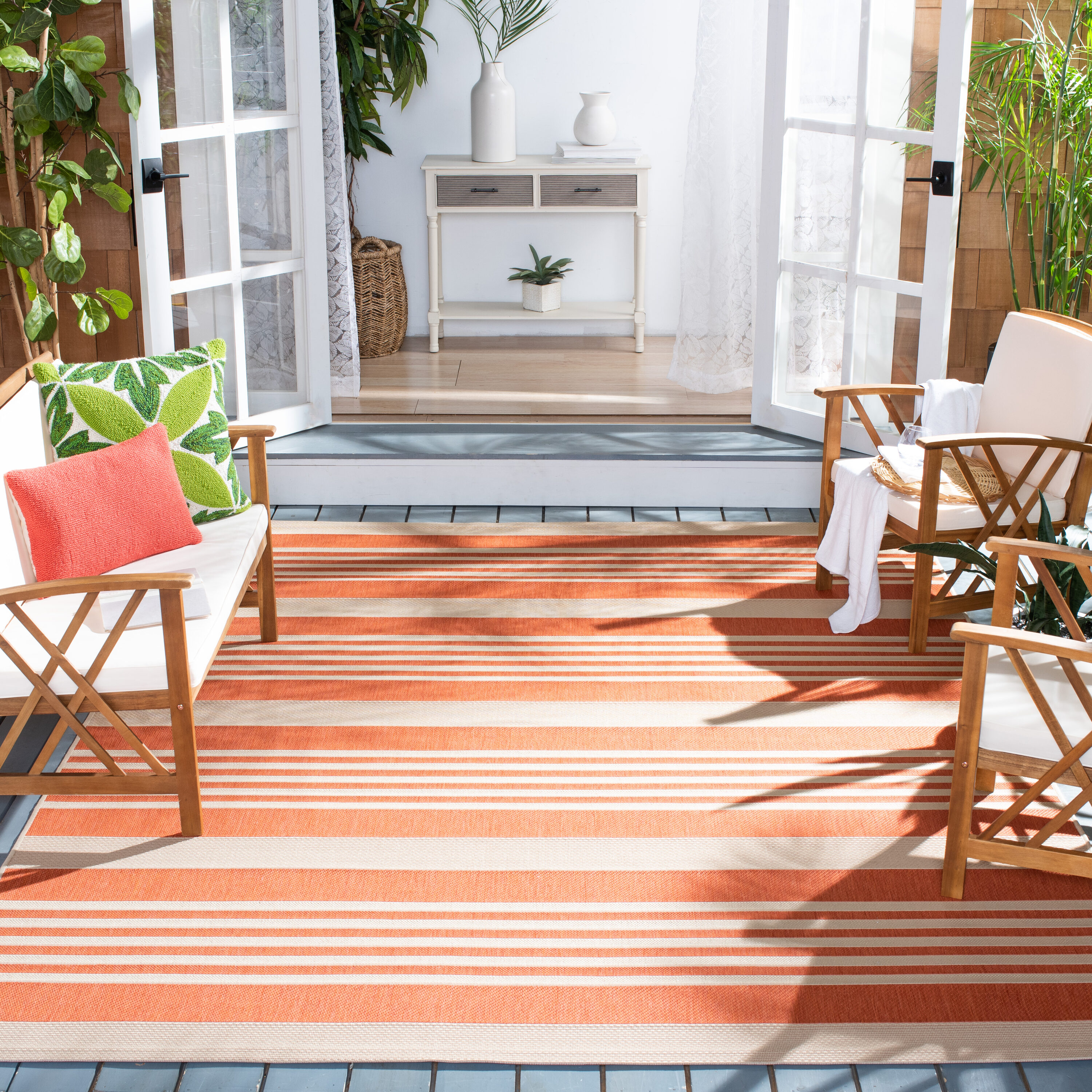 Safavieh CY6062-241-8 Courtyard Dobby 8 x 11 (ft) Loomed Polypropylene Terracotta/Beige Rectangular Indoor/Outdoor Stripe Coastal Area rug