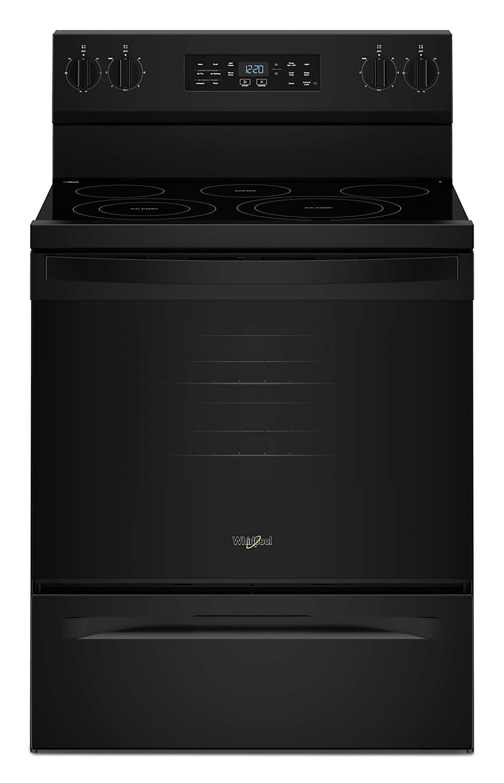 Whirlpool WFES5730SB 30-in Glass Top 5 burners 5.3-cu ft Air Fry Convection Oven Freestanding Electric Range with WipeClean Coating ( Black )