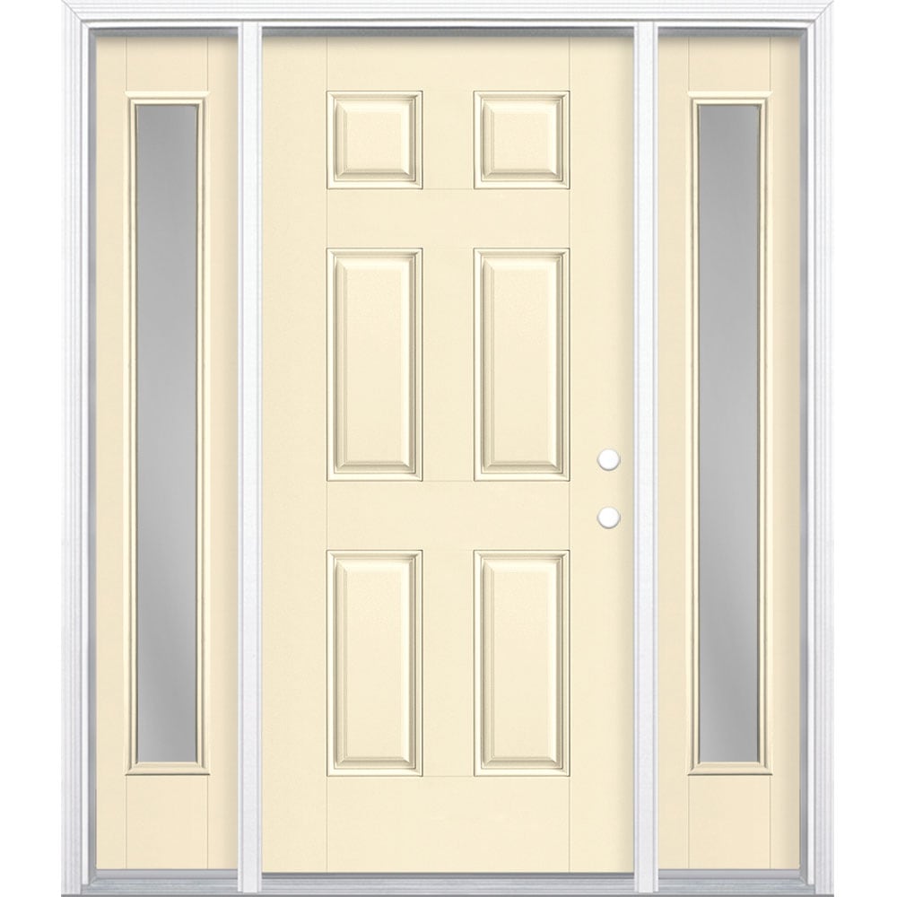 Masonite 1218367 60-in x 80-in x 4-9/16-in Fiberglass No glass Left-hand inswing Bisque Painted Prehung Front Door with Sidelights with Brickmould Insulating core