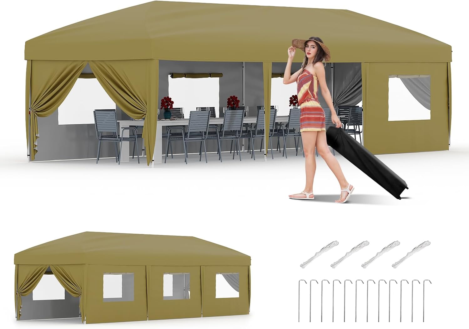 Garvee 10x30 Ft Pop Up Canopy Tent Heavy Duty 8 Sidewalls 3 Adjustable Heights Tool-Free Portable with Roller Bag and Stakes for Camping and Events Khaki