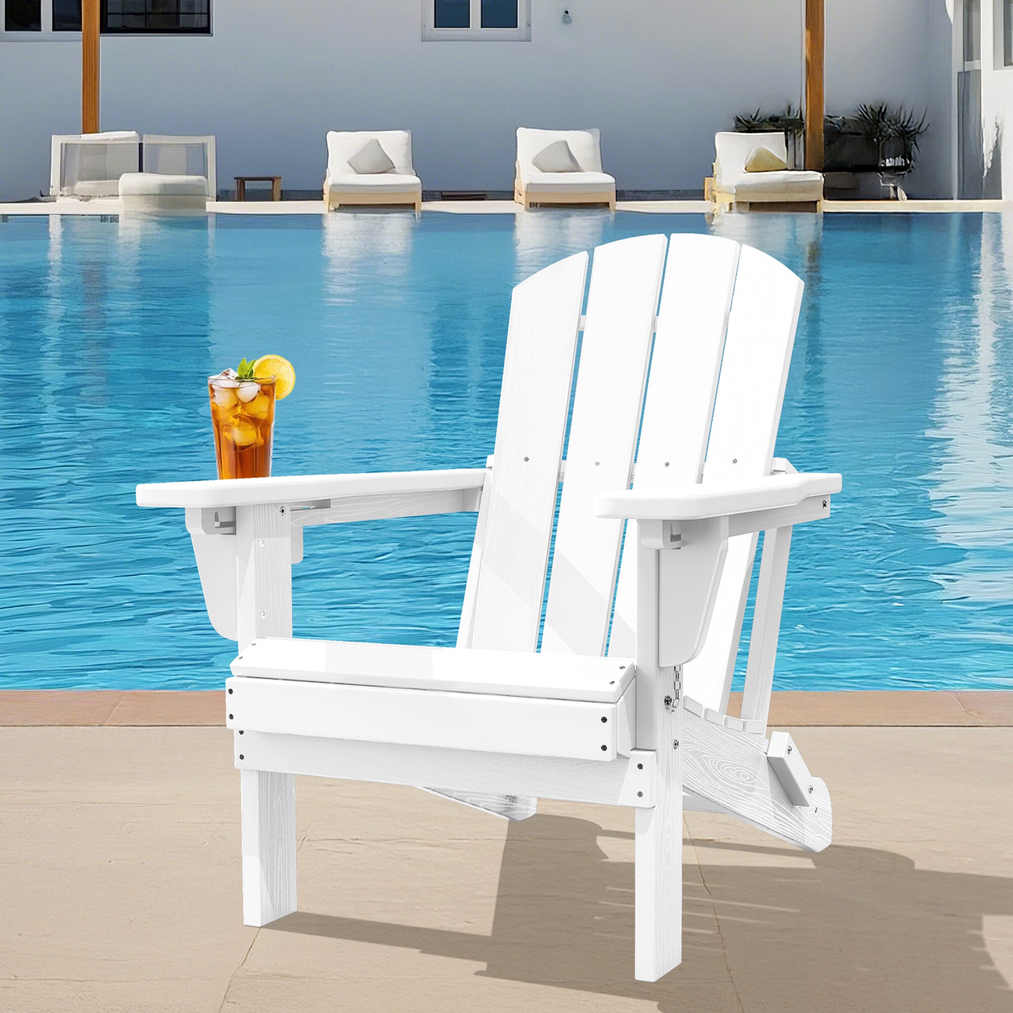 JEAREY PECGTJY-WE HDPE Patio Folding Adirondack Chair with Cup Holder White HDPE Frame Stationary Adirondack Chair with Slat Seat
