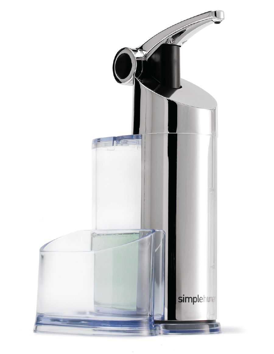 simplehuman 22 oz. Square Push Pump Soap Dispenser with Sponge Caddy,  Brushed Nickel
