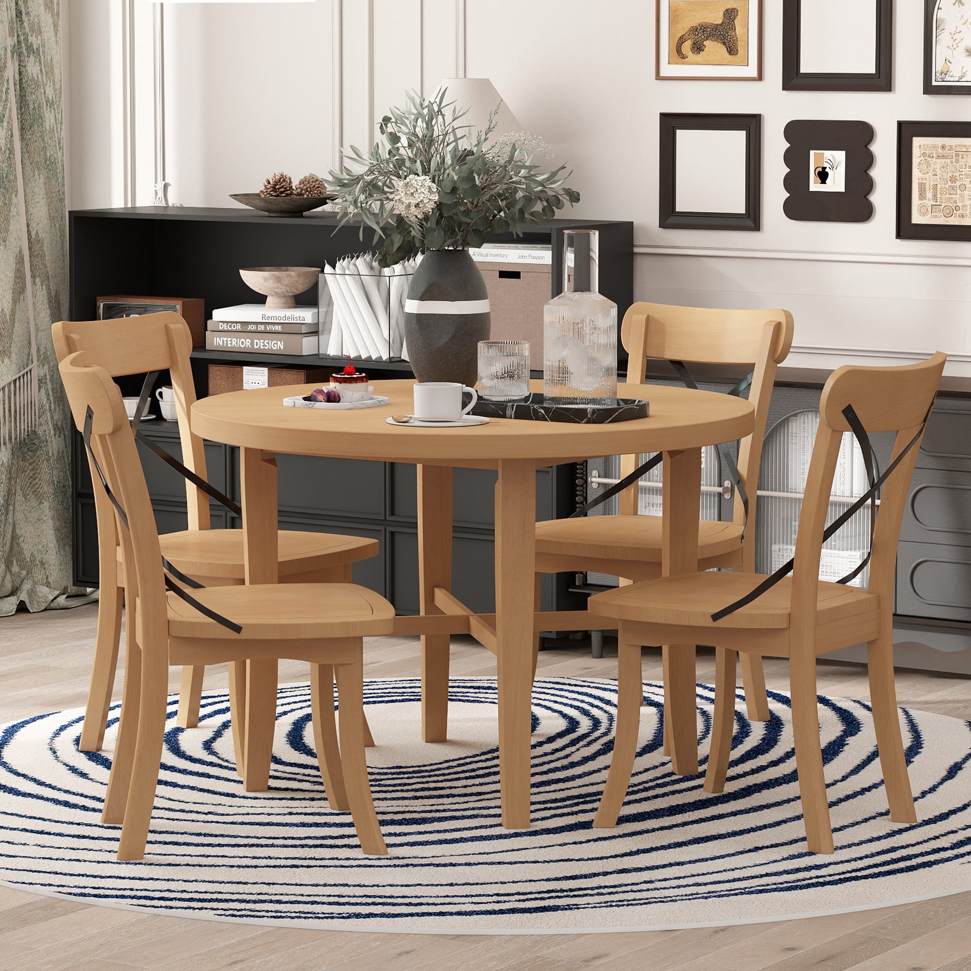 ModernLuxe ST000130AAD 5piece Dining Set Retro Simple Round Table and 4 Chairs with Xshaped Backrest for Kitchen Dining Room and Living Room Natural